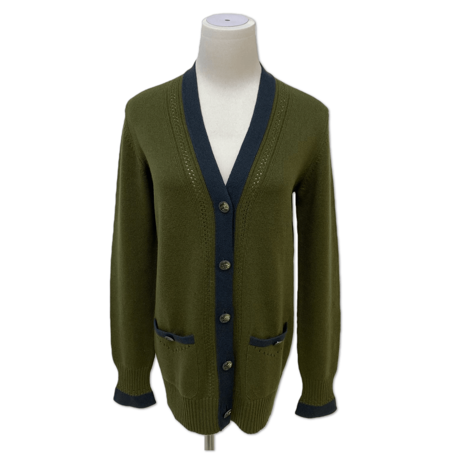 Chanel Chanel Olive Green Contrast-Trim Button-Front Cardigan size 36 HZ1173057538