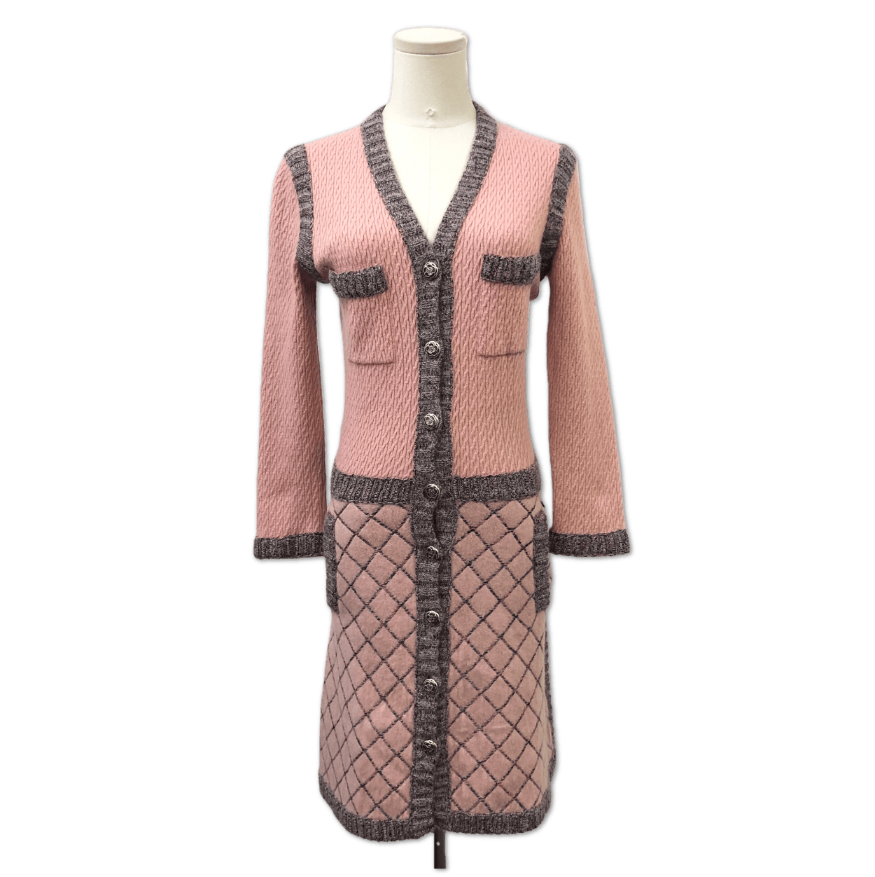 Chanel Chanel Pink Contrast-Trim Quilted Knit Long Cardigan Dress size 36 FQ0514953008
