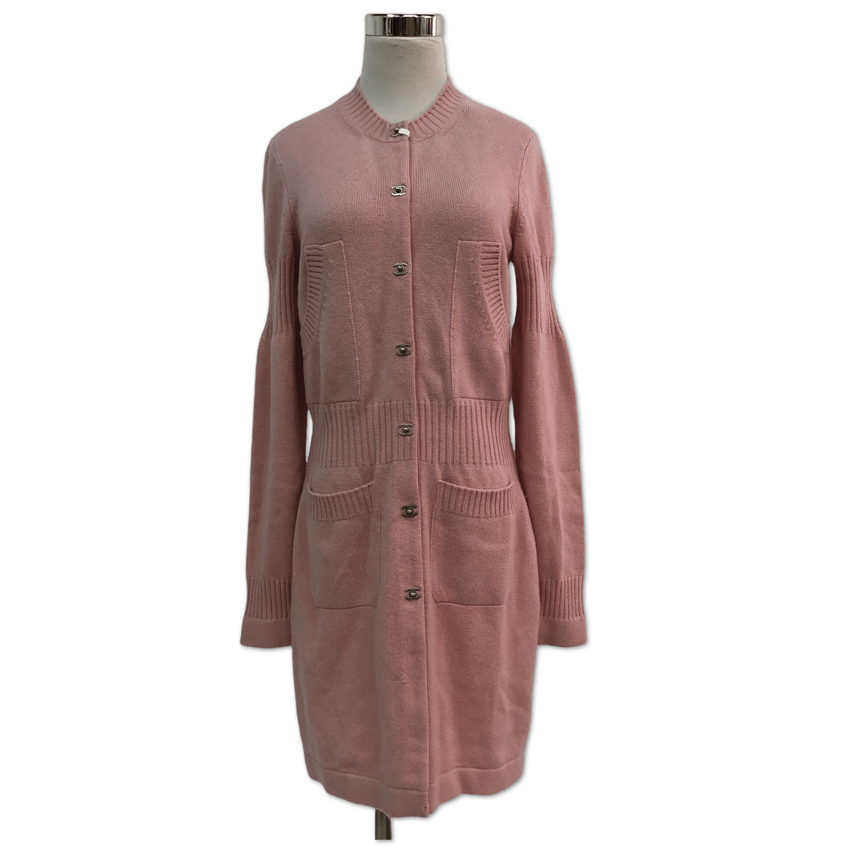 Chanel Chanel Pink Ribbed-Waist CC Button Long Knit Cardigan Dress size 38 C14361061713