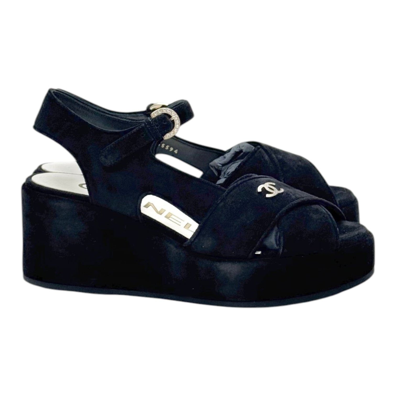 Chanel Chanel Black Suede Peep Toe Wedge Sandal - Size 39