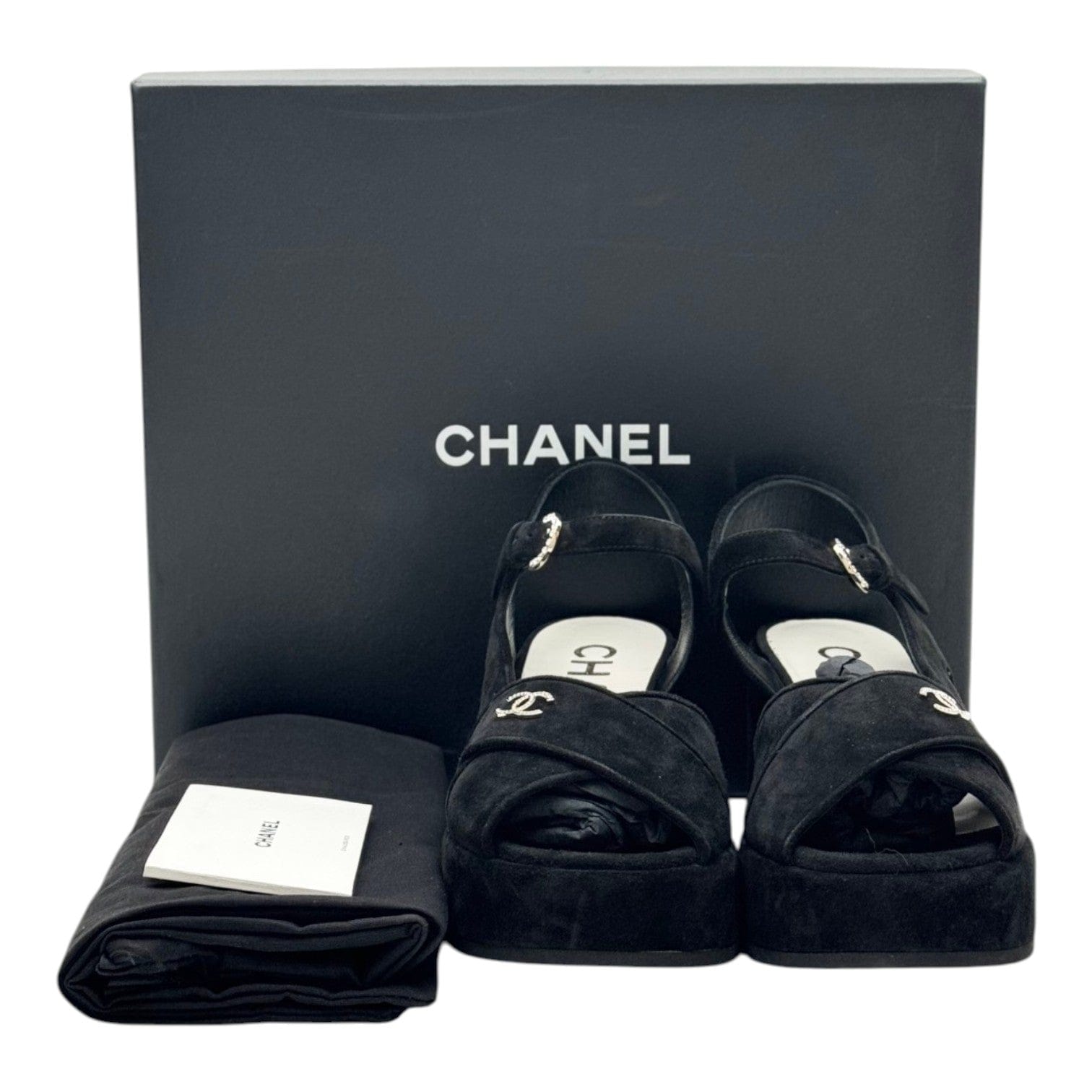 Chanel Chanel Black Suede Peep Toe Wedge Sandal - Size 39