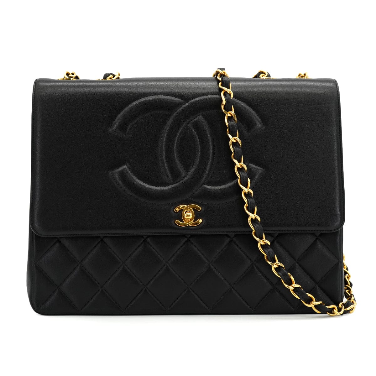 CHANEL VINTAGE CHANEL BIG COCO CHAIN SHOULDER BAG BLACK LEATHER GOLD HARDWARE 90325334