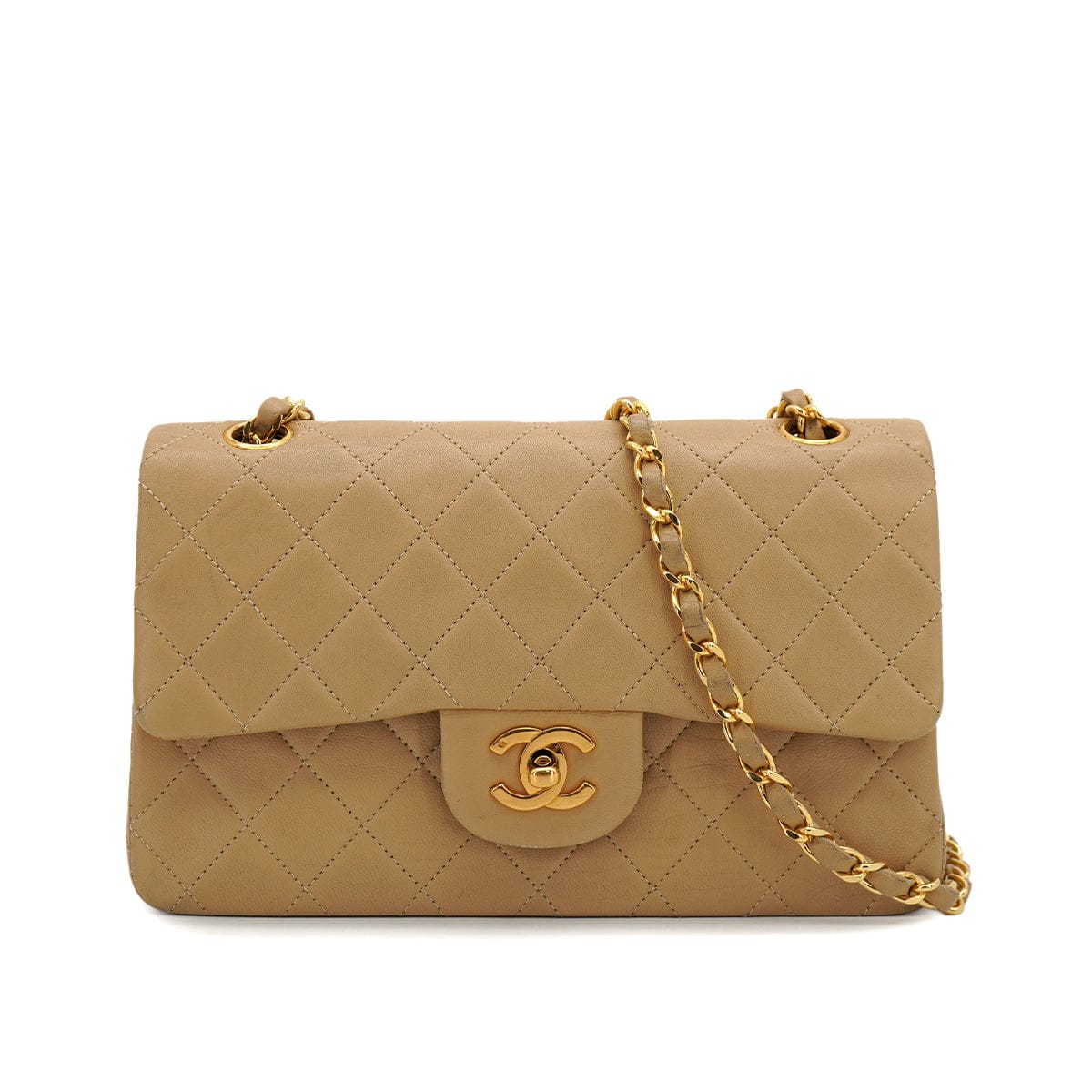 CHANEL VINTAGE CHANEL CLASSIC FLAP SMALL CHAIN SHOULDER BAG BEIGE LAMB SKIN GOLD HARDWARE 90315882