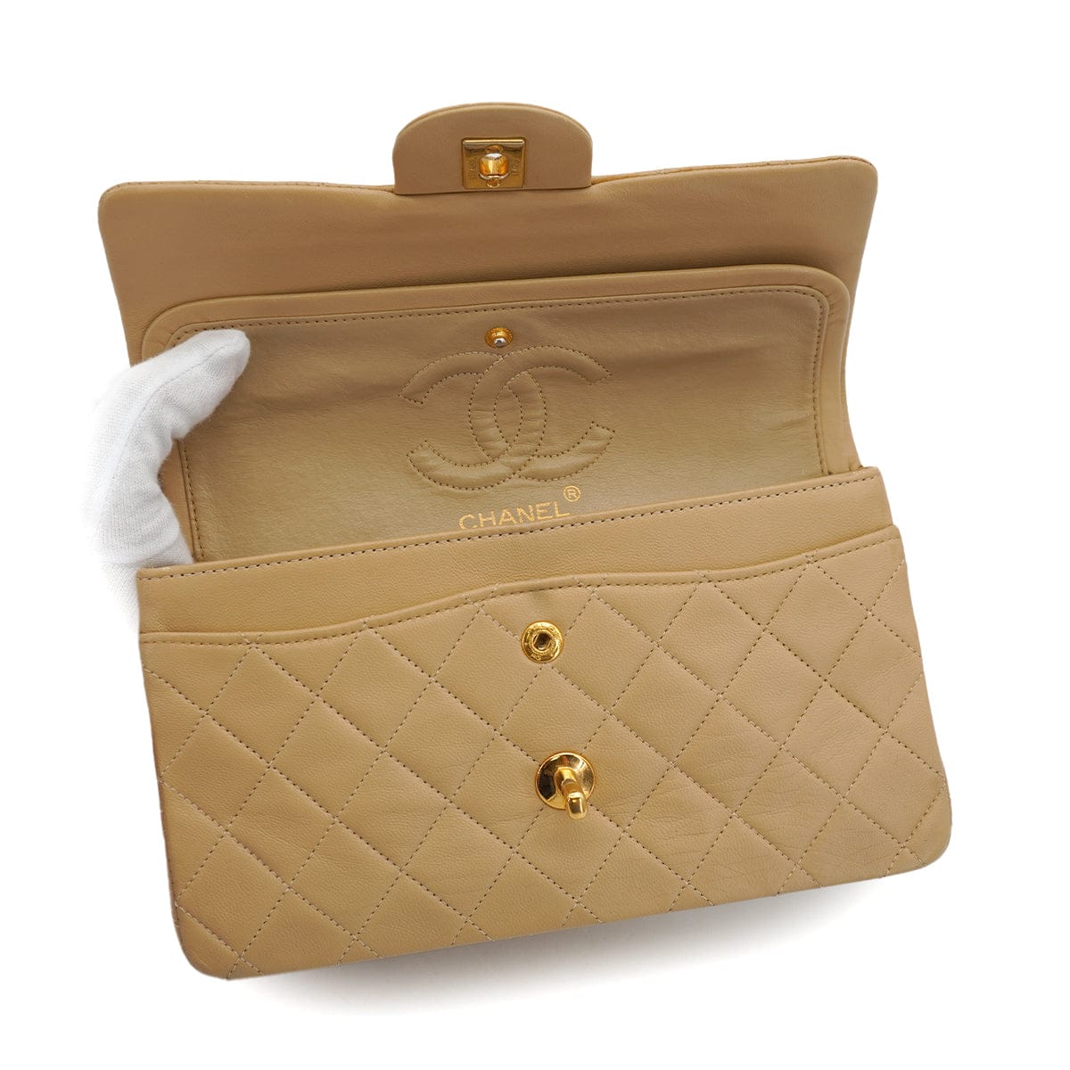 CHANEL VINTAGE CHANEL CLASSIC FLAP SMALL CHAIN SHOULDER BAG BEIGE LAMB SKIN GOLD HARDWARE 90315882