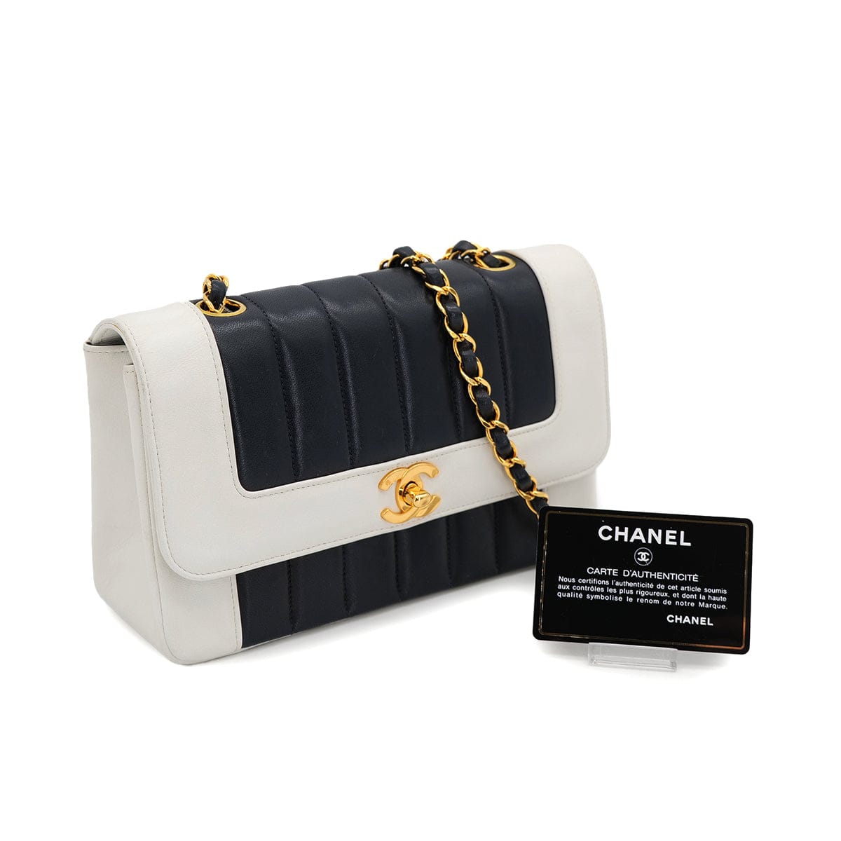 CHANEL VINTAGE CHANEL MADEMOISELLE CHAIN SHOULDER BAG NAVY WHITE LAMB SKIN GOLD HARDWARE 90322940