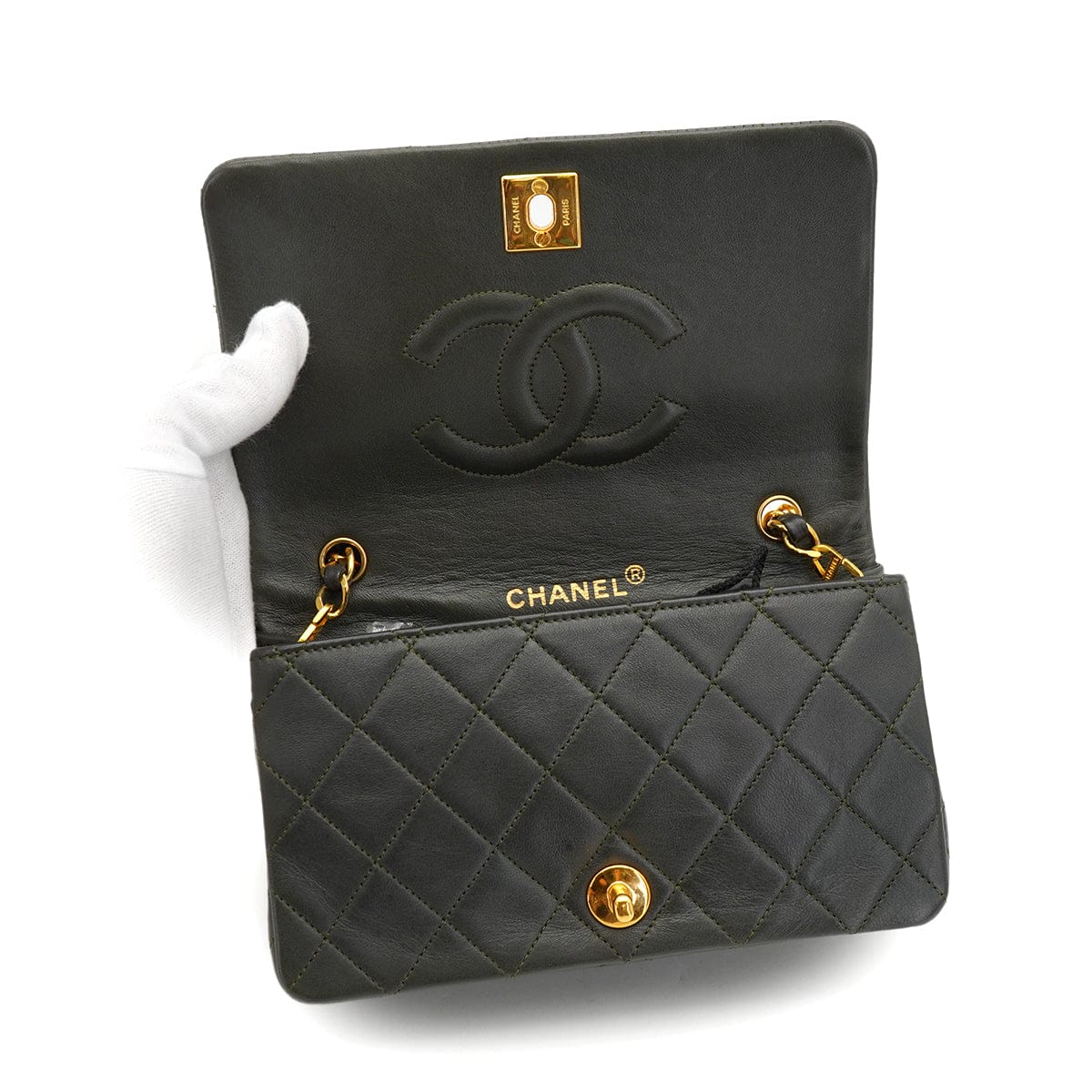 CHANEL VINTAGE CHANEL MATELASSE FULL FLAP CHAIN SHOULDER BAG KAHKI LAMB SKIN GOLD HARDWARE 90326673