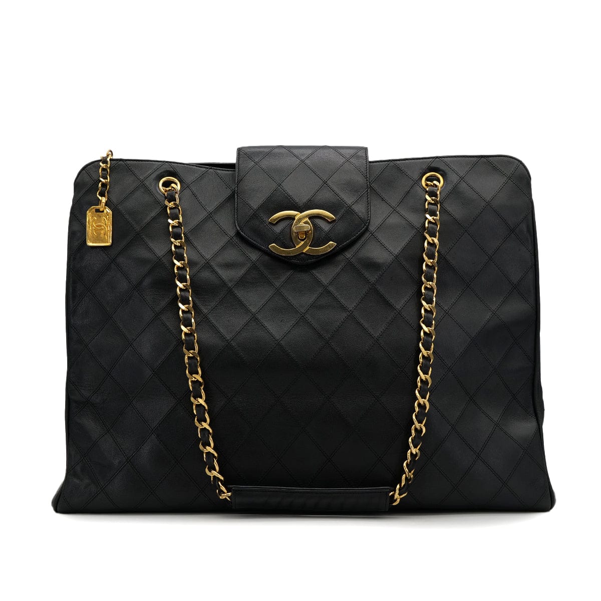 CHANEL VINTAGE CHANEL SUPER MODEL BICOLORE CHAIN TOTE BAG BLACK LEATHER 90313406