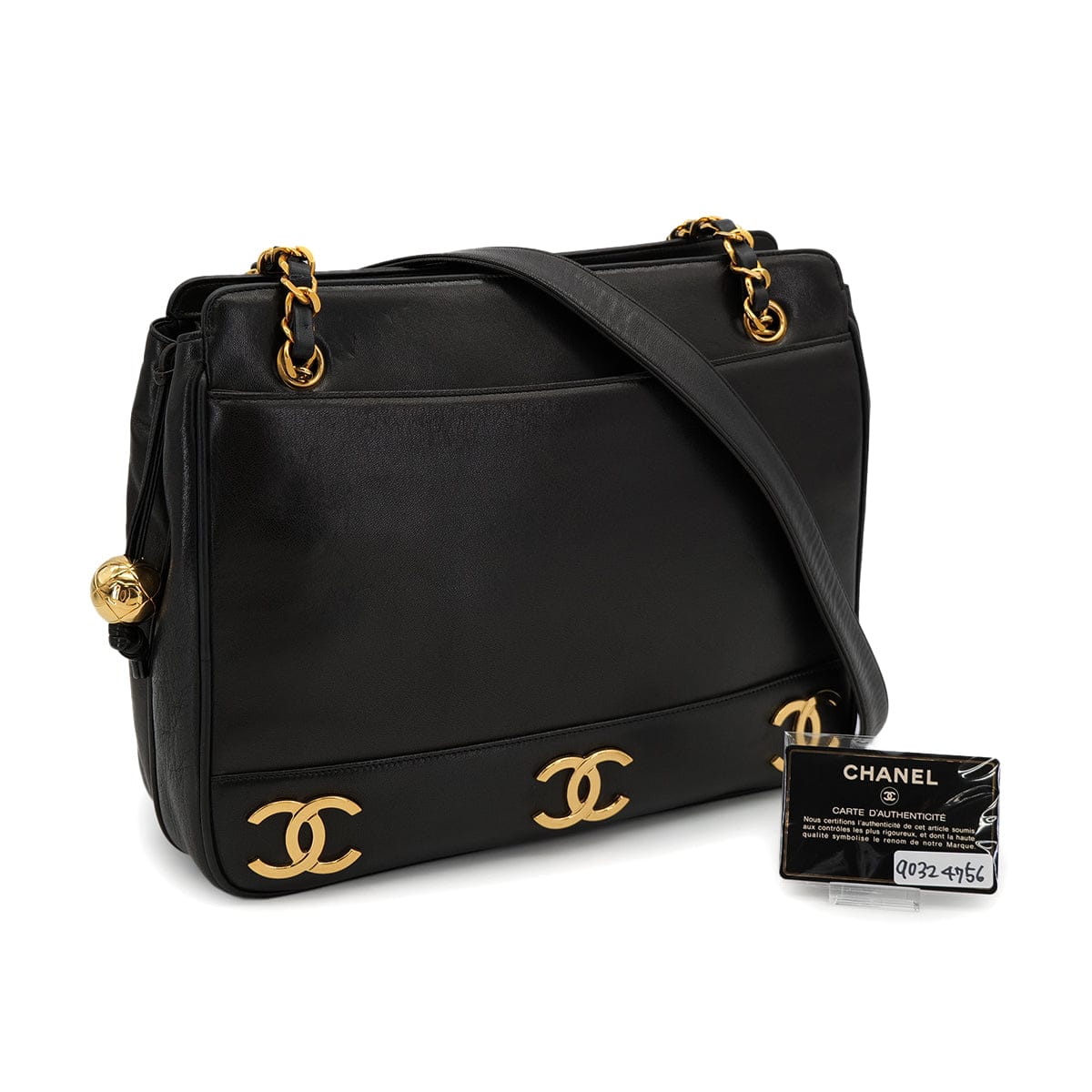 CHANEL VINTAGE CHANEL TRIPLE COCO CHAIN SHOULDER BAG BLACK LAMB SKIN GOLD HARDWARE 90324756