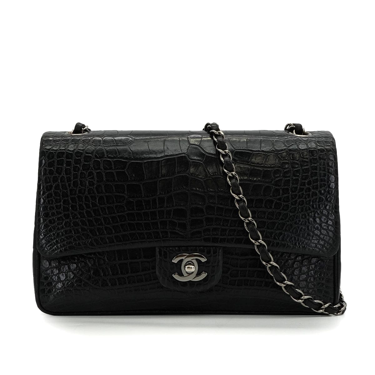CHANEL VINTEGE CHANEL CLASSIC FLAP MEDIUM CHAIN SHOULDER BAG BLACK CROCODILE SILVER HARDWARE 90340464