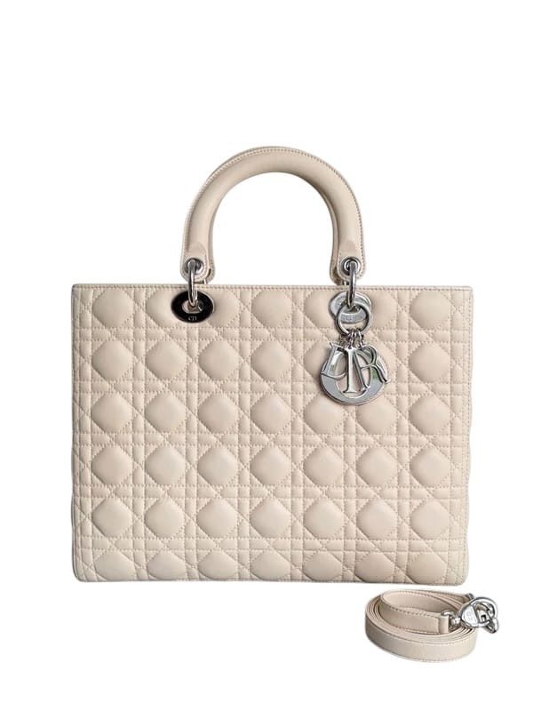 Christian Dior DIOR LADY LARGE - CANNAGE LAMBSKIN BEIGE SILVER HARDWARE SYCMDA118
