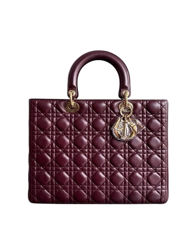 Christian Dior DIOR LADY LARGE - CANNAGE LAMBSKIN DARK BURGUNDY GOLD HARDWARE SYCMDA112