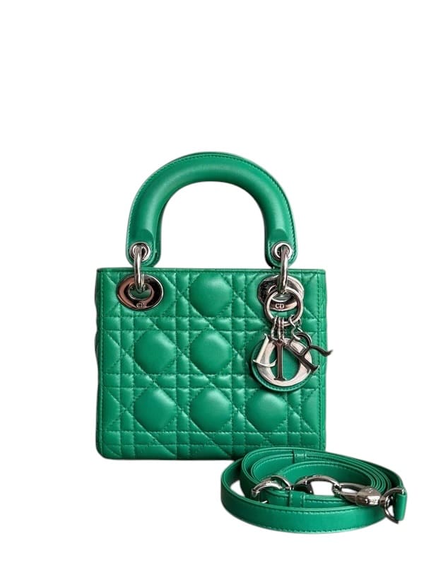 Christian Dior DIOR LADY MINI - CANNAGE LAMBSKIN EMERALD GREEN SILVER HARDWARE ADJUSTABLE STRAP SYCMDA121