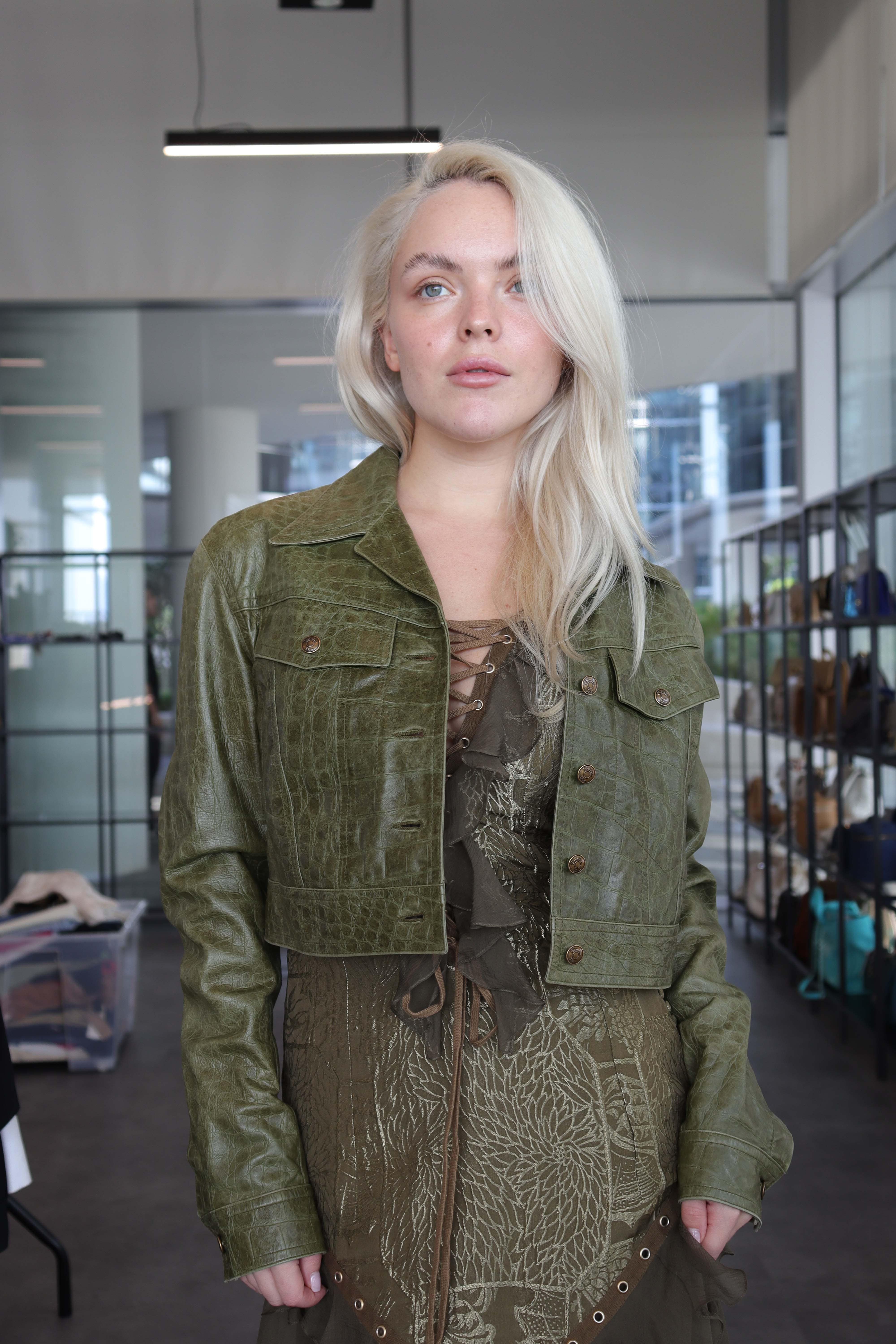 Christian Dior Dior Leather Cropped Jacket Green DXBS1855