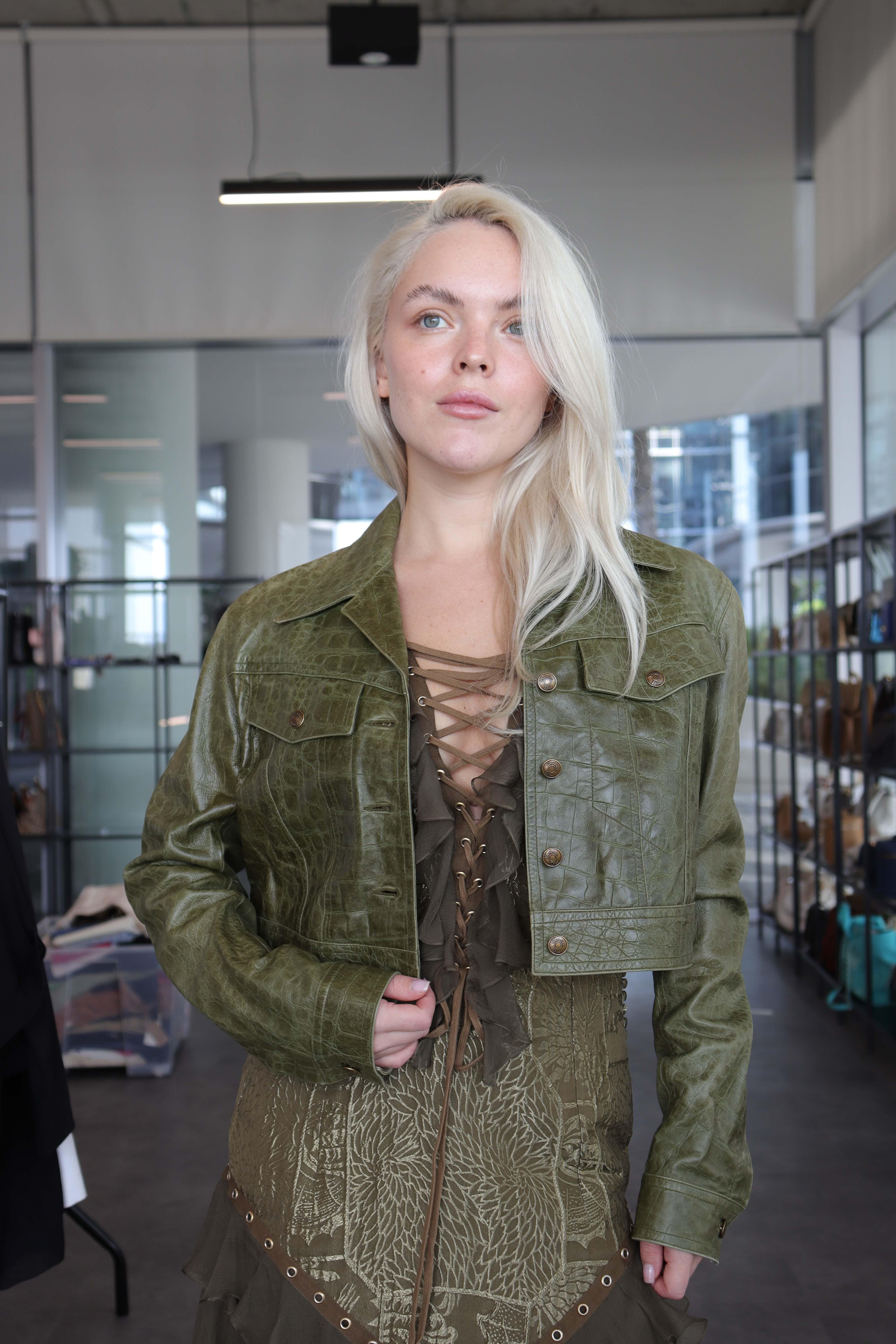 Christian Dior Dior Leather Cropped Jacket Green DXBS1855