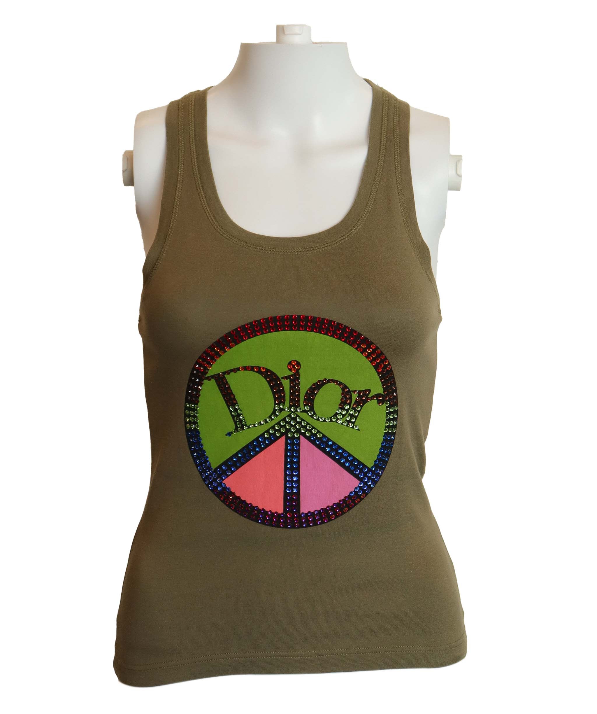 Christian Dior Dior Rhinestone Peace Tank Top Khaki DXBS4282