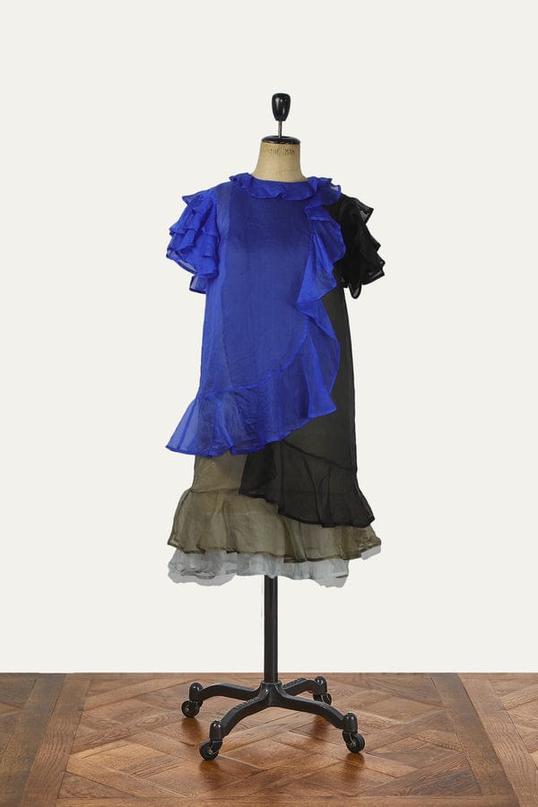 Christopher Kane Blue And Black Ruffled Silk Chiffon Dress Agc1576