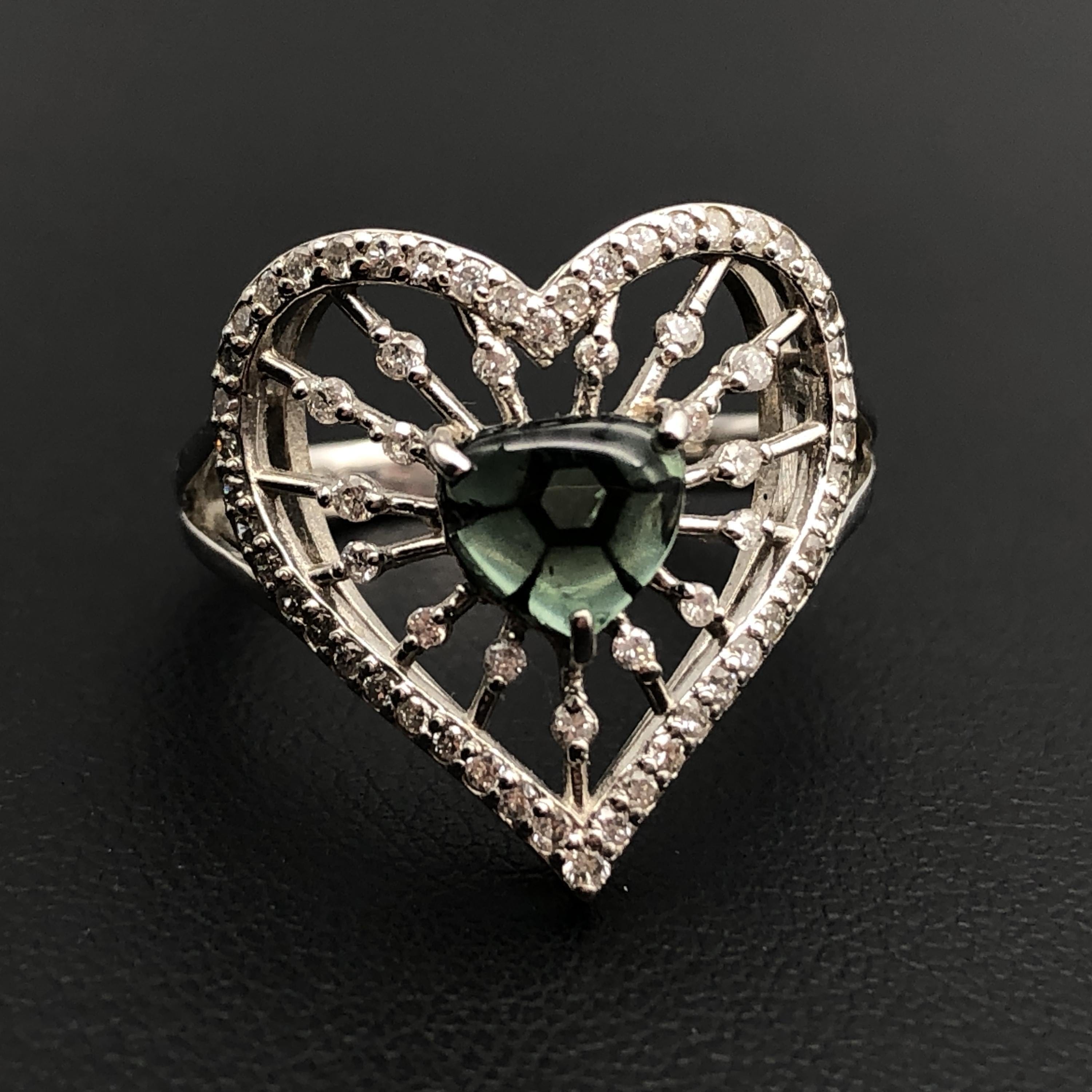 Custom Jewelry Custom Jewelry 1P Trapiche Emerald & Diamond Heart Ring, E(0.71ct), D(0.34ct), PT900, 4.9g, US size 6 C355959