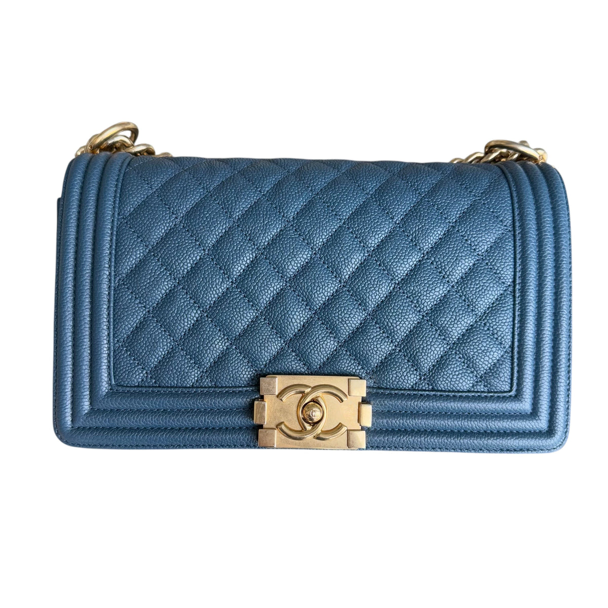 Luxury Evermore Chanel Boy Medium 25cm 蓝色鱼子酱皮菱格纹单肩包,配有金色五金配件