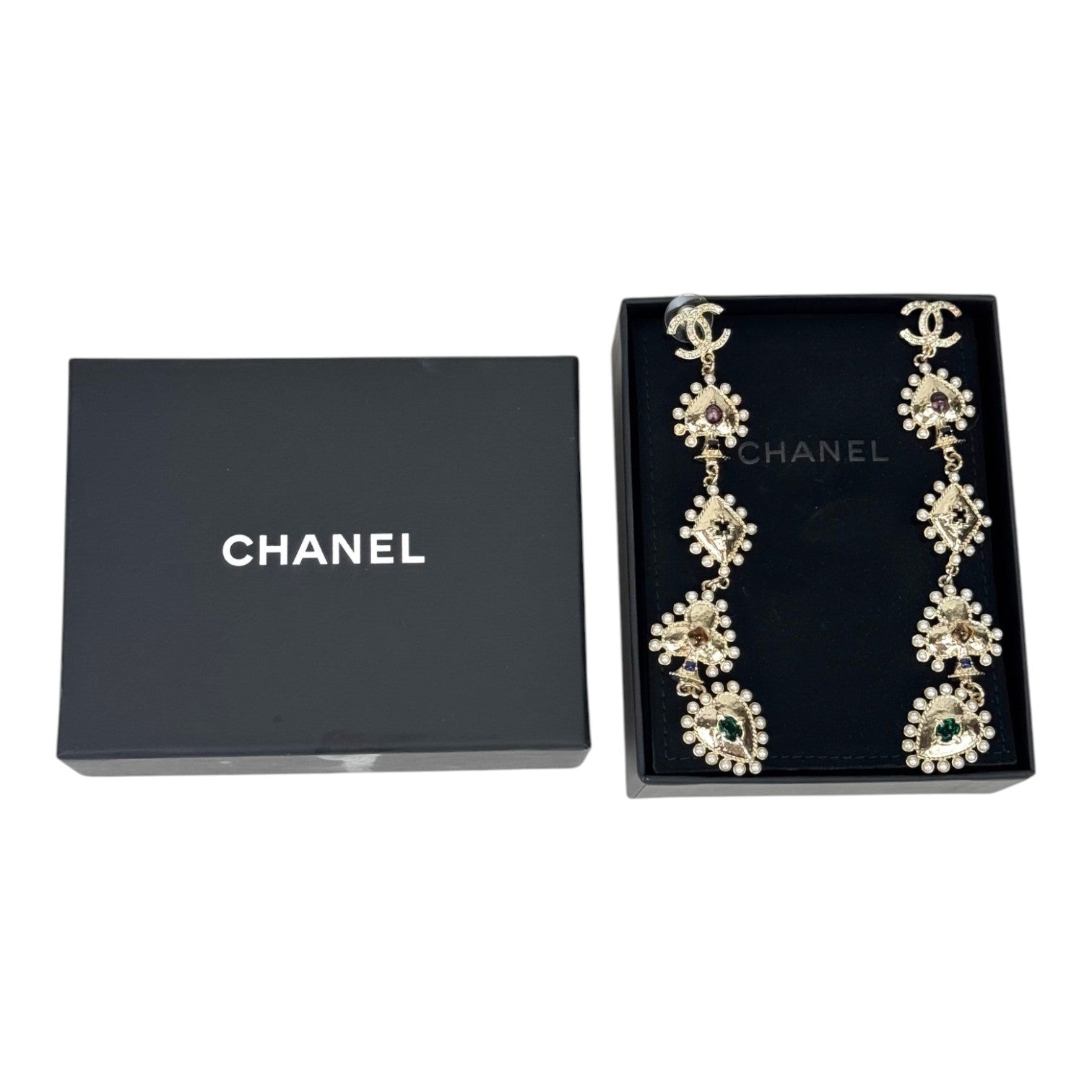 Chanel Long Gold Earring with CC Logo & Pearls & Cystals