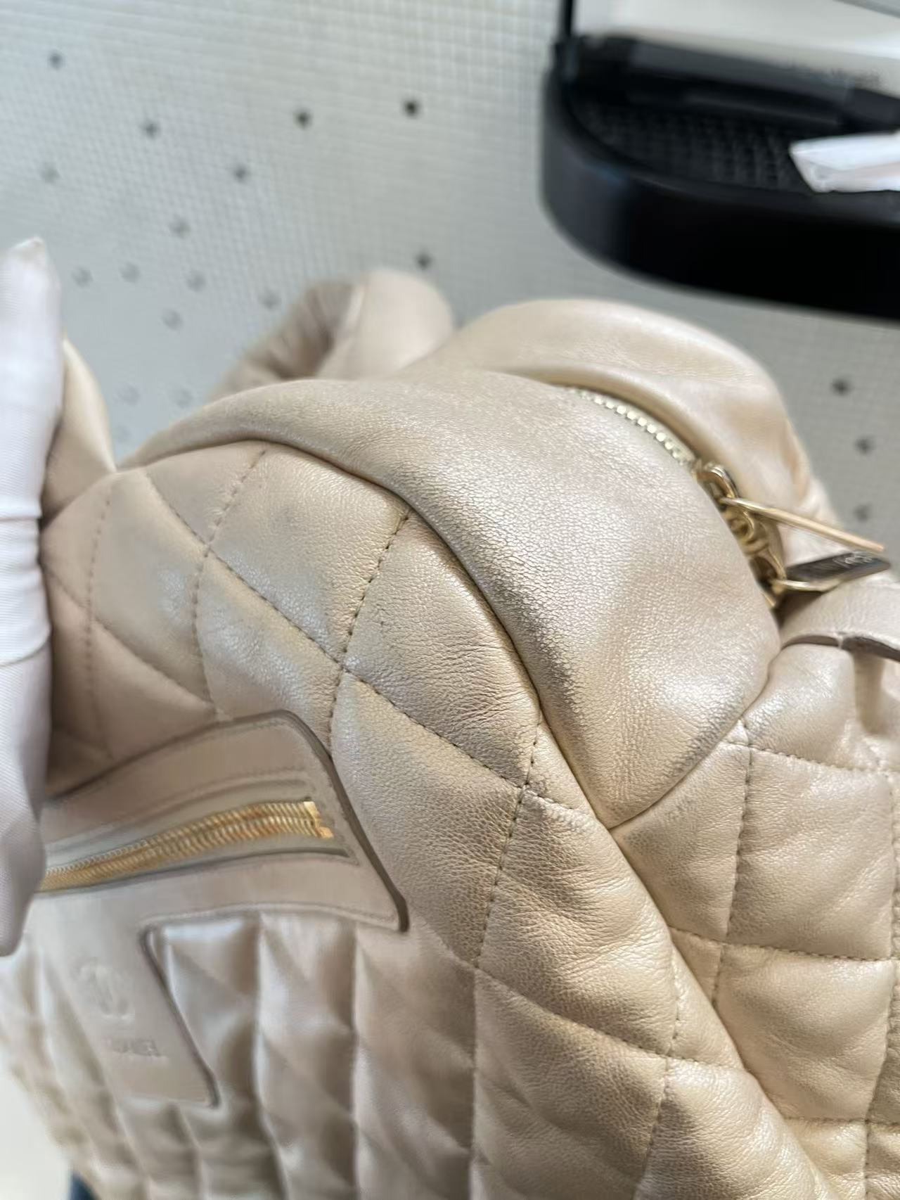 Chanel Quilted Lambskin Puffy Bowling Bag - Beige