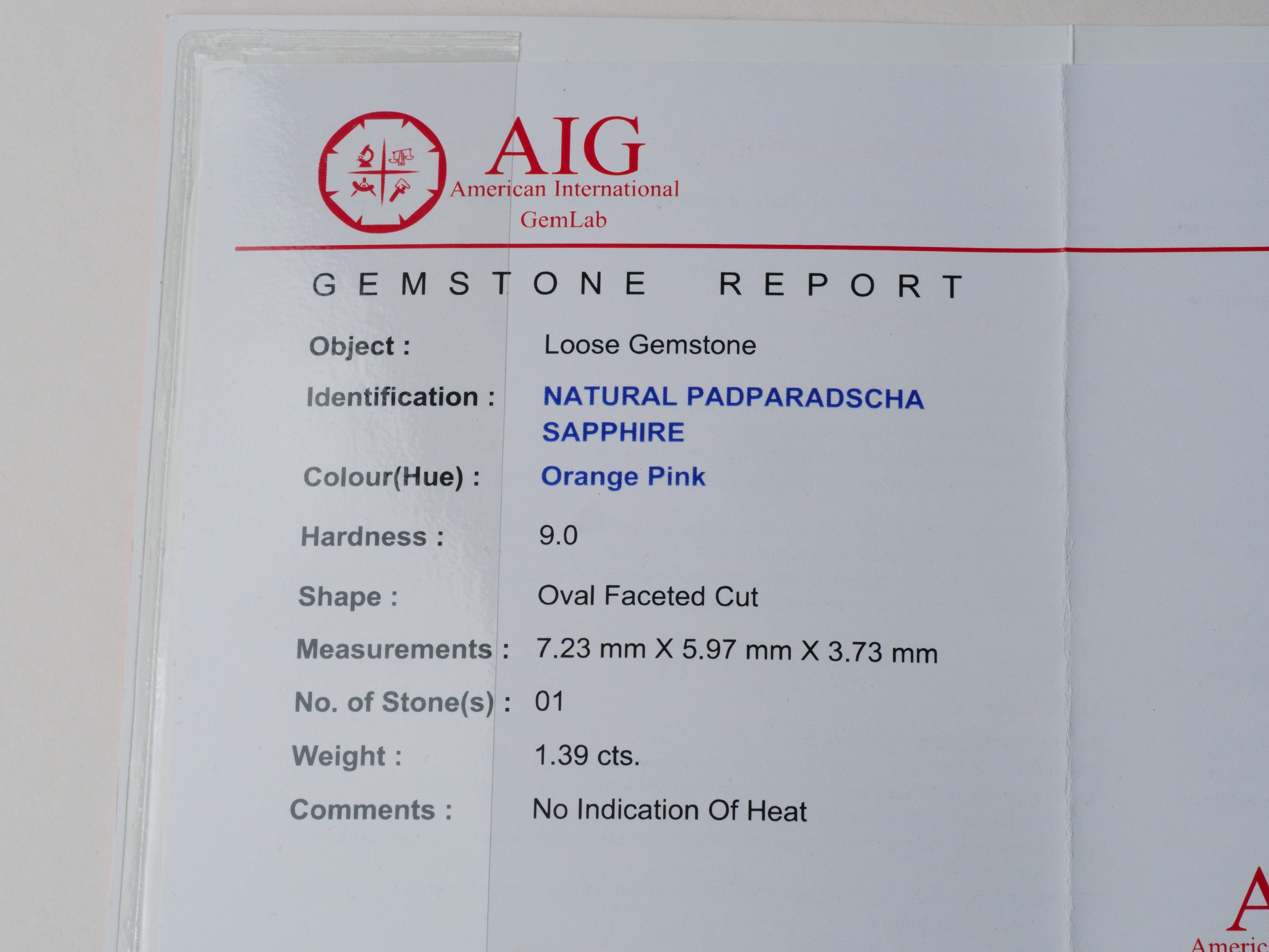 David Harry Jewels Certified No heat 1.39ct Padparadscha Sapphire