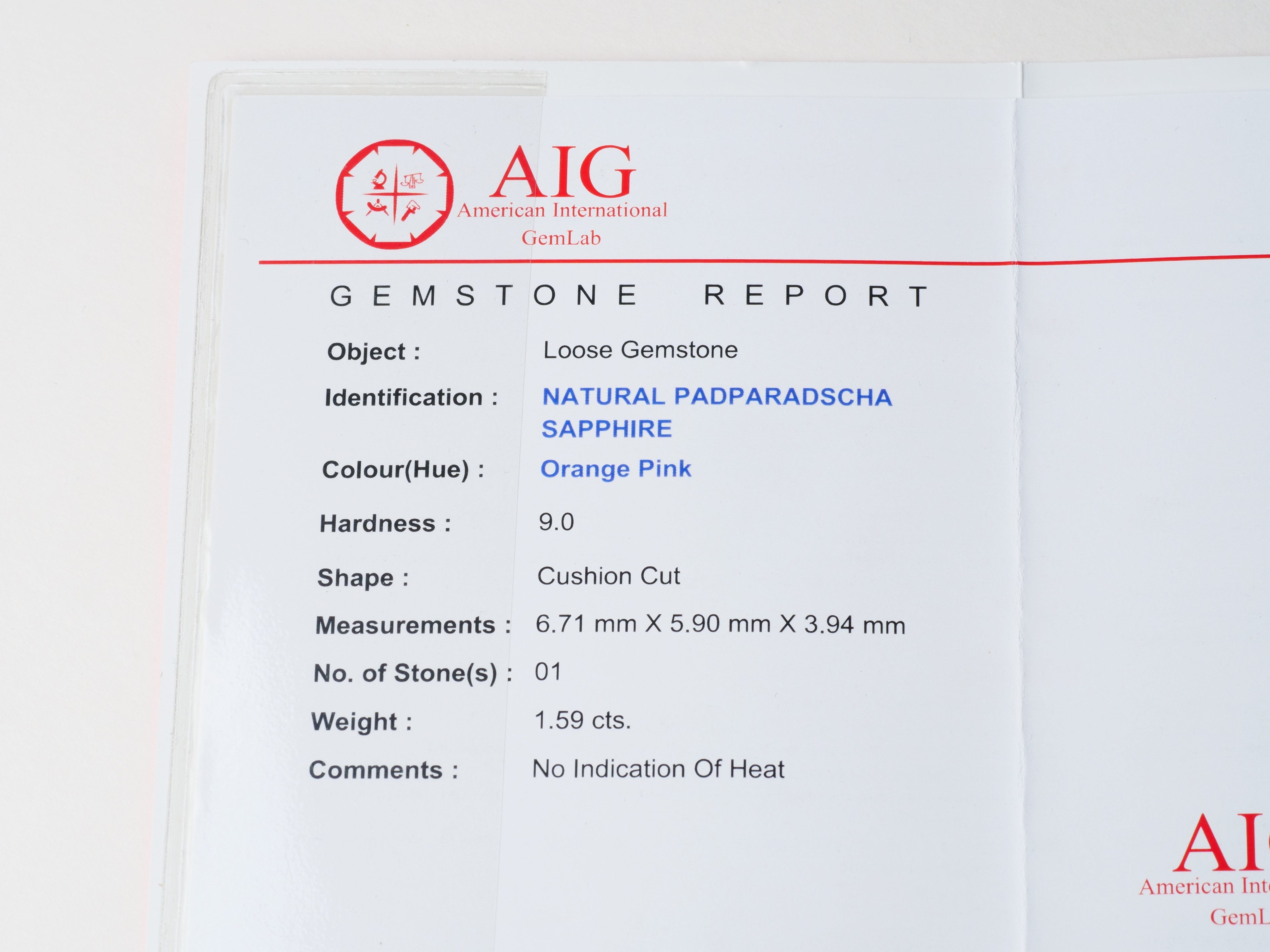 David Harry Jewels Certified No heat 1.59ct Padparadscha Sapphire