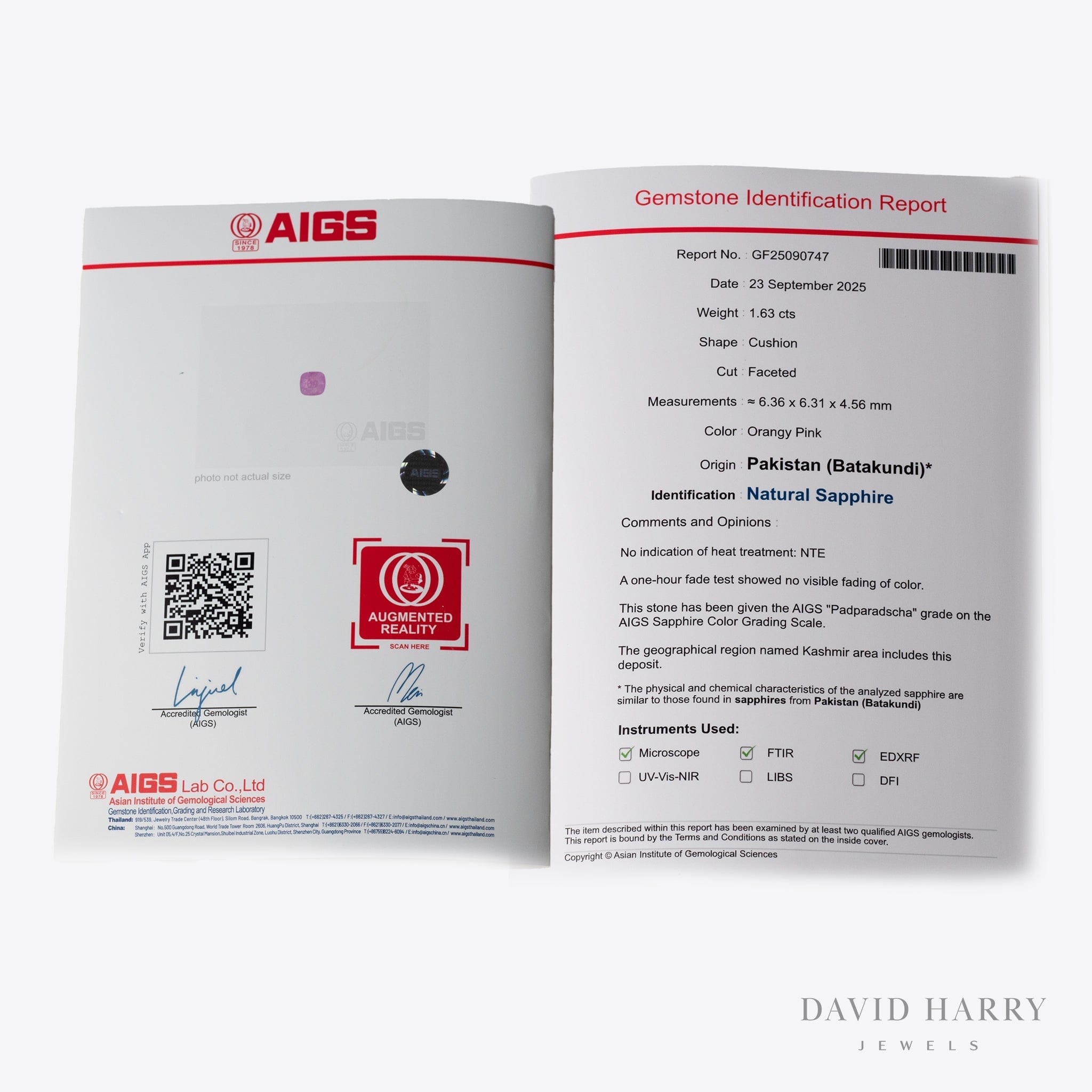 David Harry Jewels Certified No heat 1.63ct Kashmir Padparadscha Sapphire