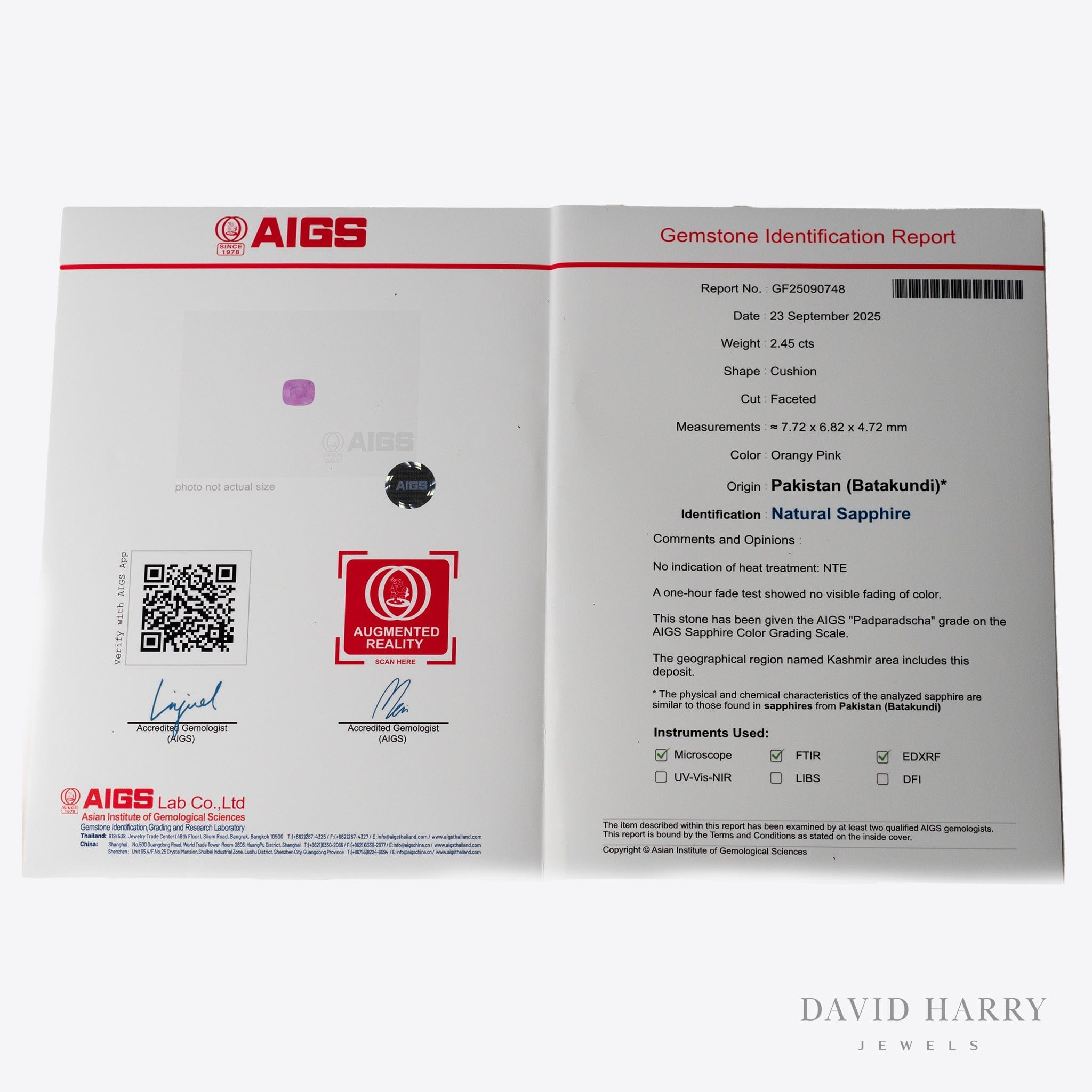 David Harry Jewels Certified No heat 2.45ct Kashmir Padparadscha Sapphire