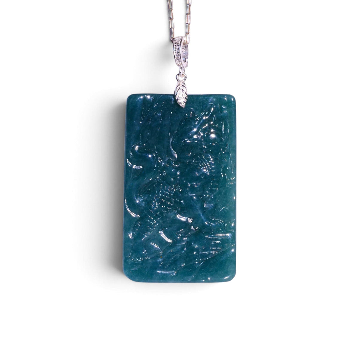 David Harry Jewels Type A Blue Jadeite PIXIU Frame Carved Pendant With Clip On Bail