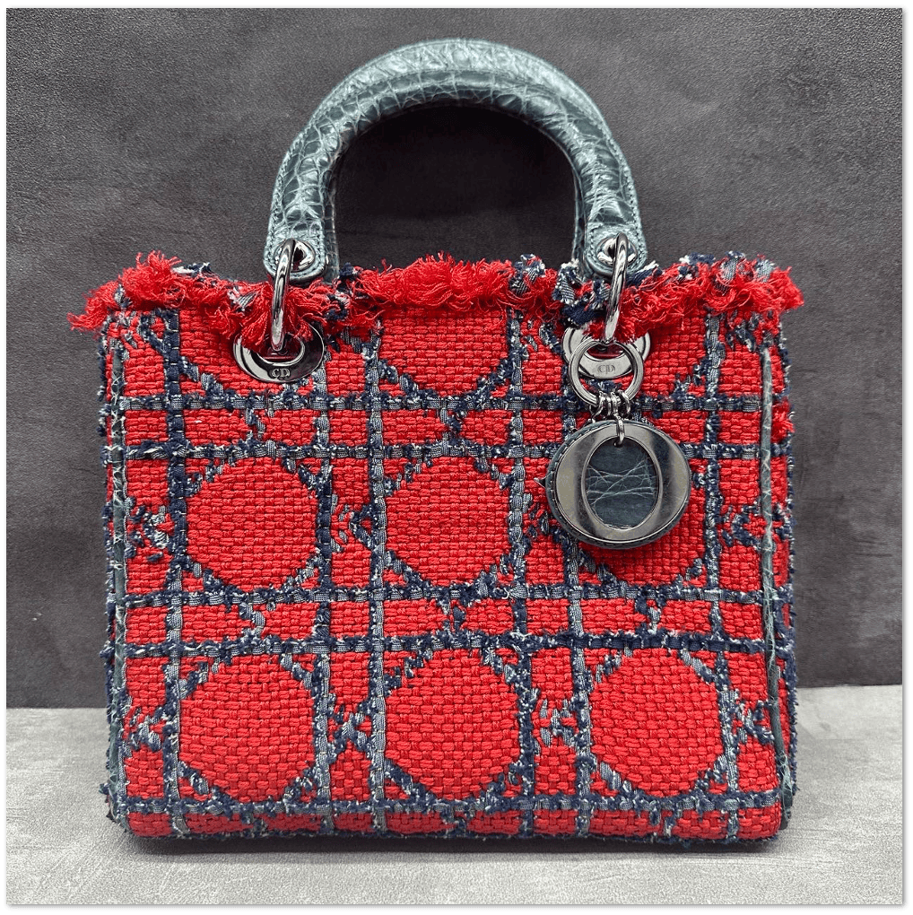 Dior Christian Dior Red / Blue Cannage Quilted Tweed Medium Lady Dior Bag Grey Croc-Embossed Handles SC19494618373