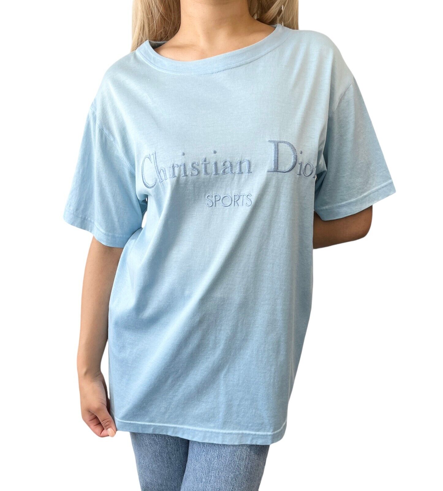 DIOR Christian Dior Sports Vintage Big Logo T-shirt #M Top Light Blue Cotton RankAB