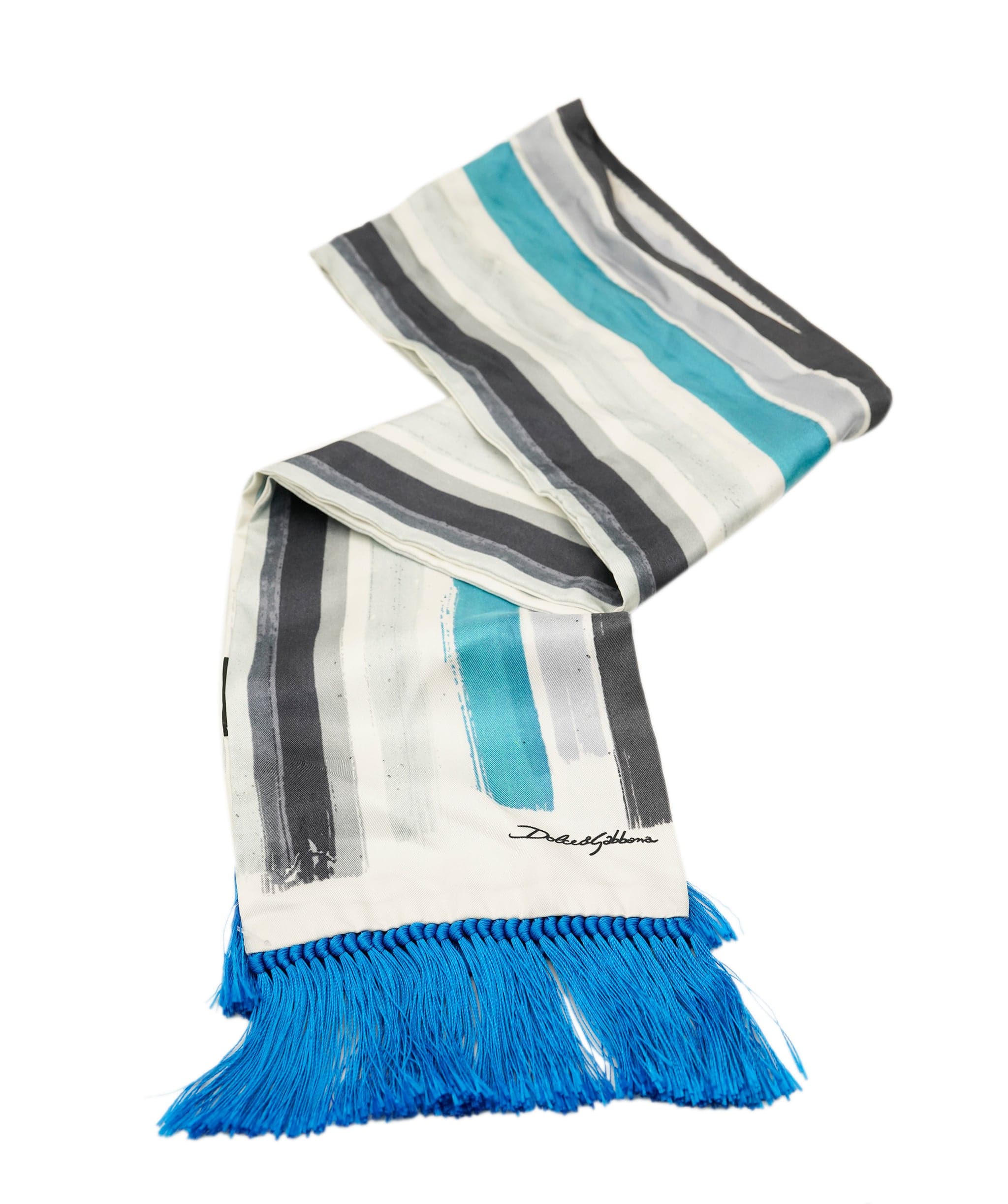 Dolce & Gabbana Dolce & Gabbana Blue Striped Fringe Trim Silk Scarf AKL0051