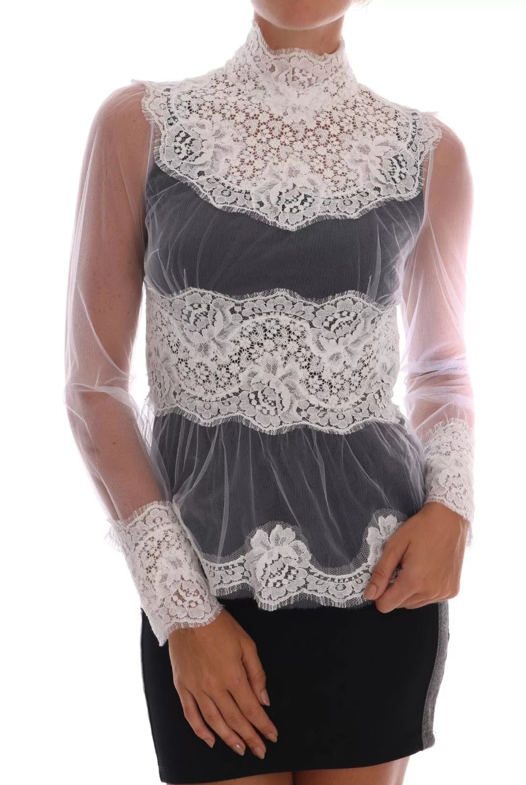 Dolce & Gabbana Blouse Mock Neck Top White Floral Lace 7112b
