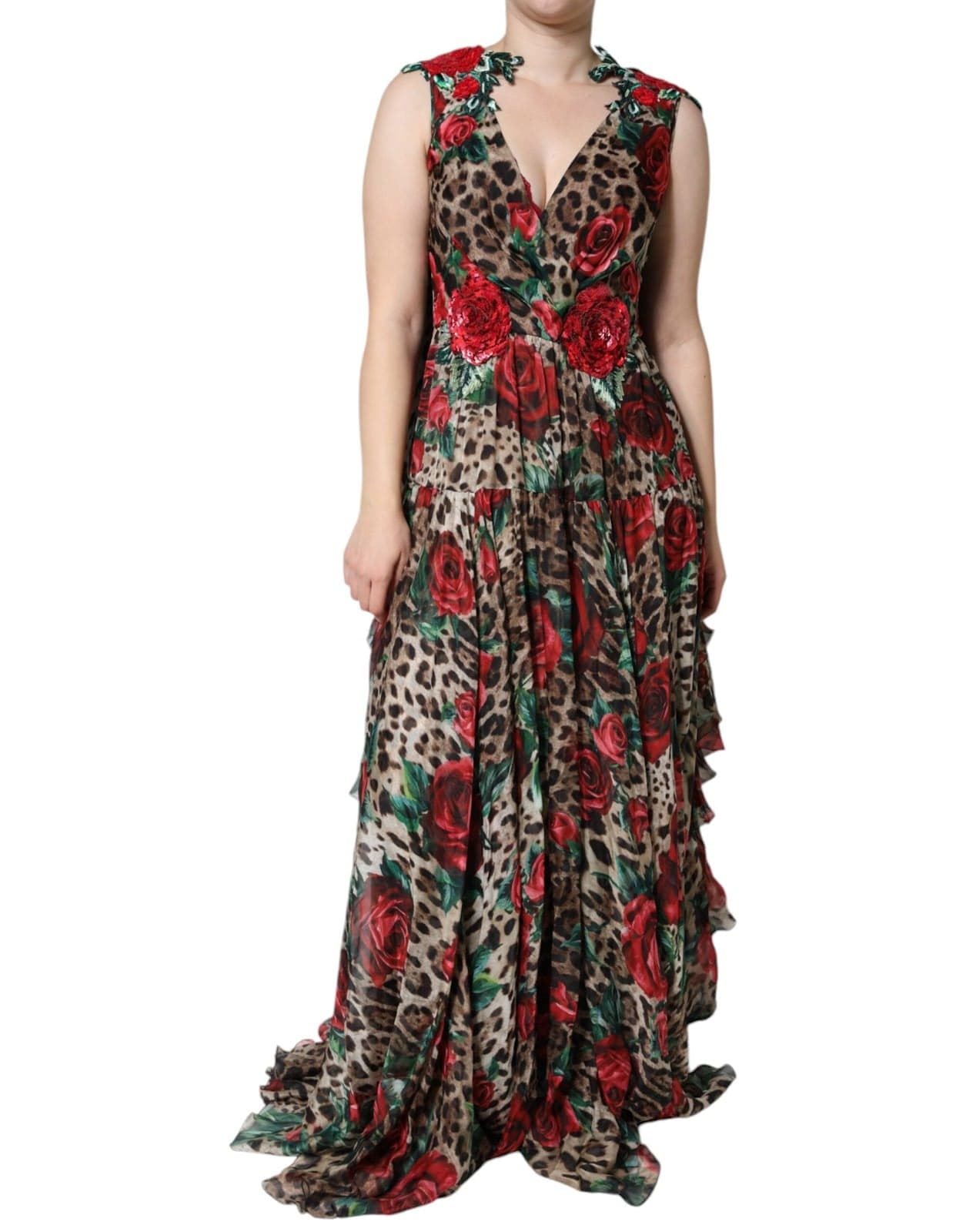 Dolce & Gabbana Brown Leopard Red Roses Silk Long Gown Dress 4409b