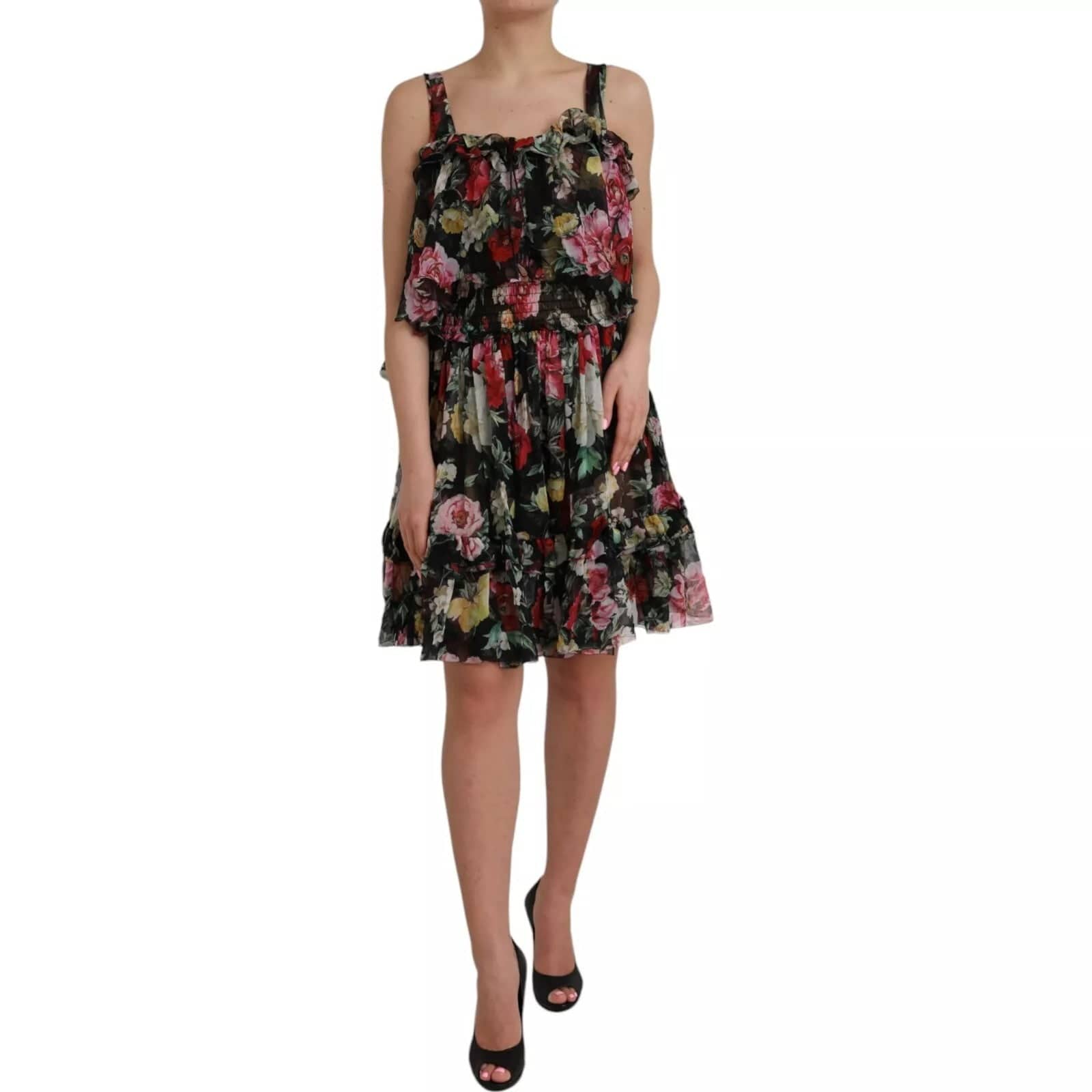 Dolce & Gabbana Dress Black Floral Silk A-line Sleeveless 4225b