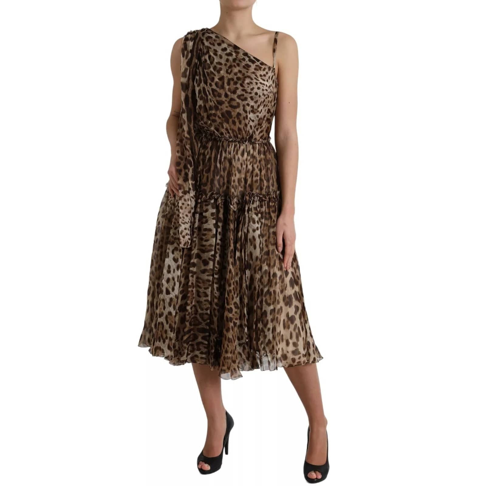Dolce & Gabbana Dress Brown Leopard Print Silk Ruffled Midi 4447b