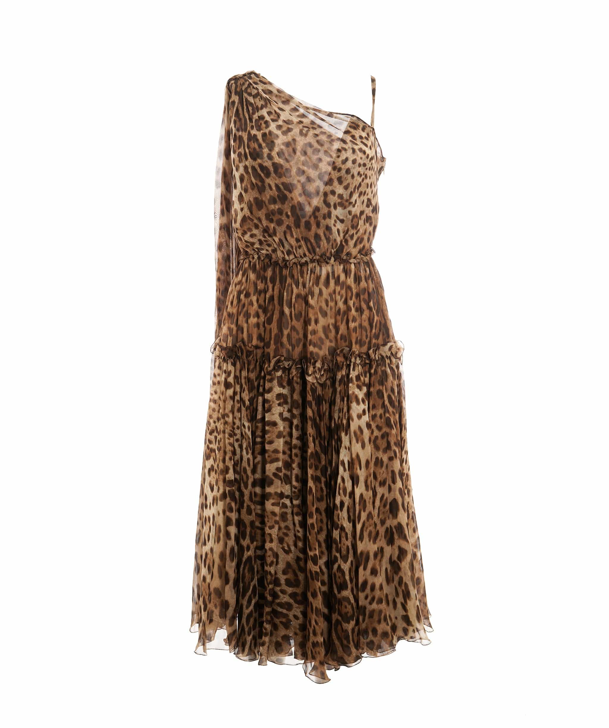Dolce & Gabbana Dress Brown Leopard Print Silk Ruffled Midi size 42 4447b