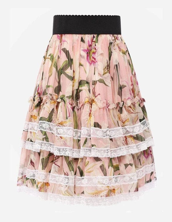 Dolce & Gabbana Skirt Tiered A-line Pink Lily Print Silk Mini 9044b