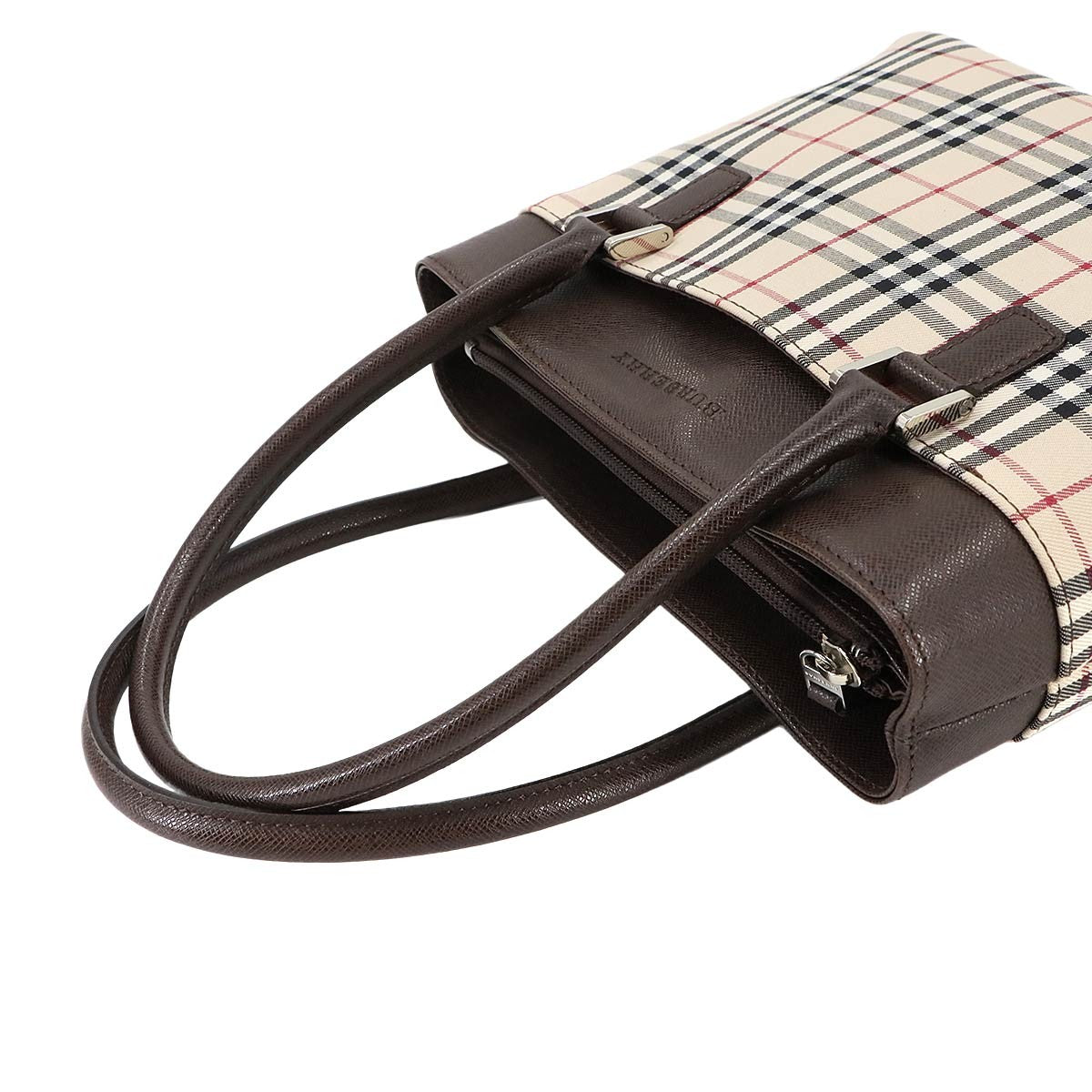 BURBERRY Plaid Hand Bag Canvas Leather Beige Brown Purse 902996504