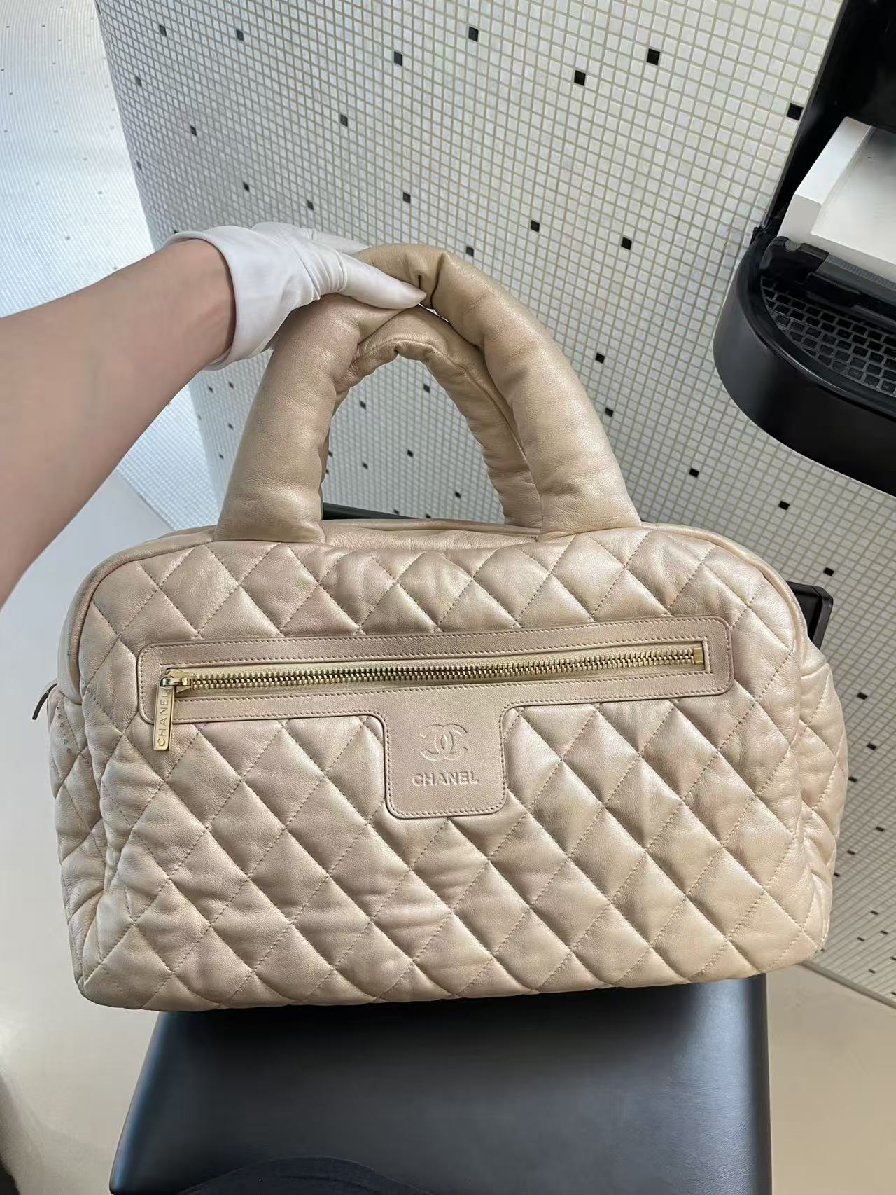 Chanel Quilted Lambskin Puffy Bowling Bag - Beige
