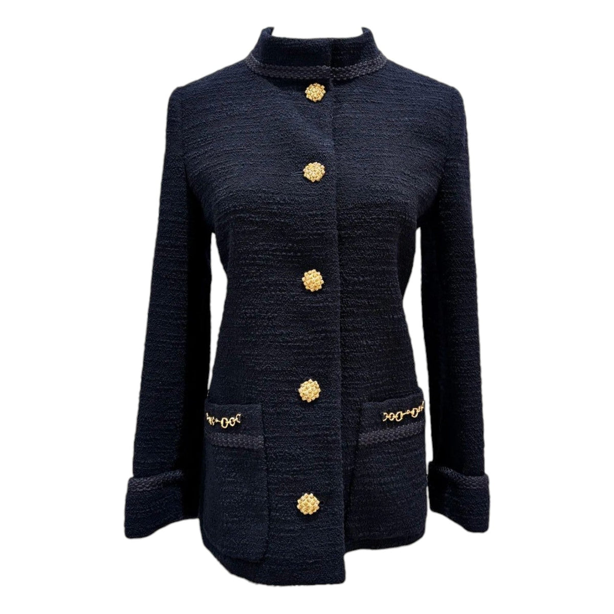 Gucci Navy Blue Tweed Jacket with Gold Buttons - Size 36
