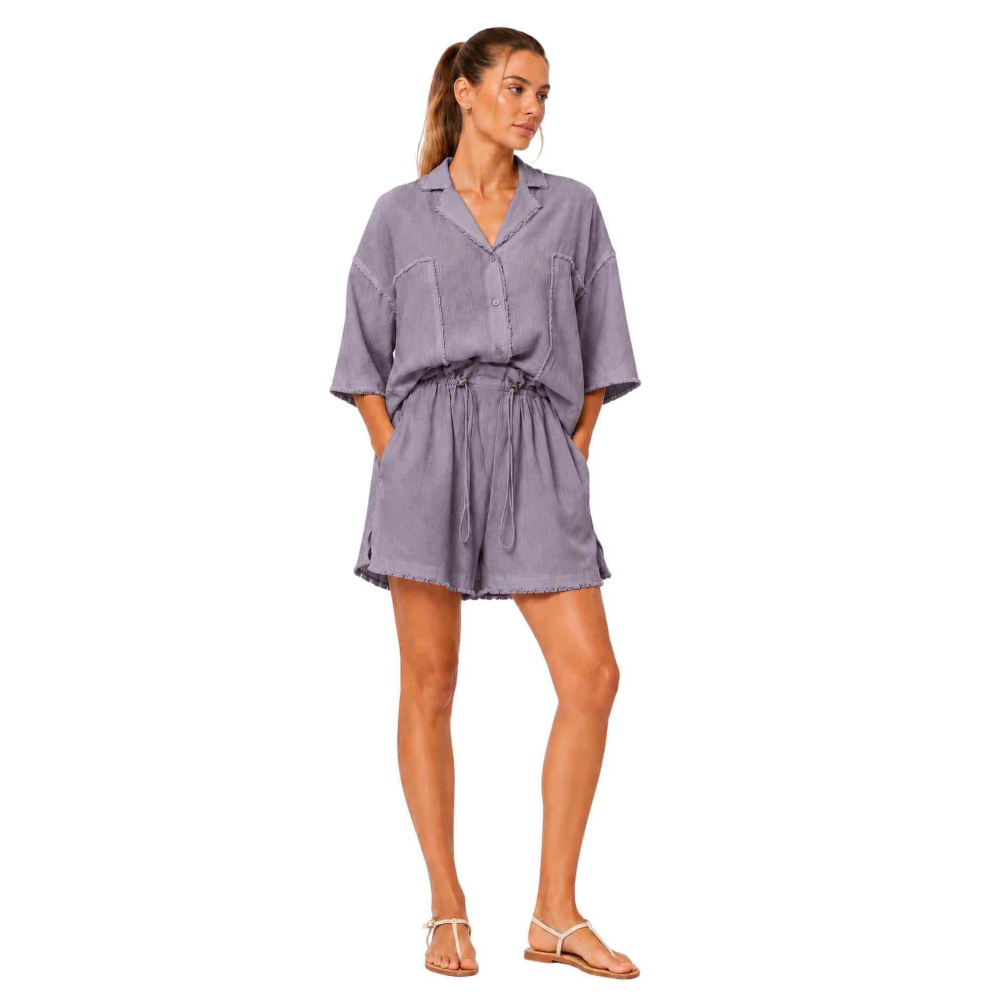 COASTAL RAW EDGE LINEN VISCOSE SET زوج (SHIRT & SHORTS قميص وبنطلون) “JADE"