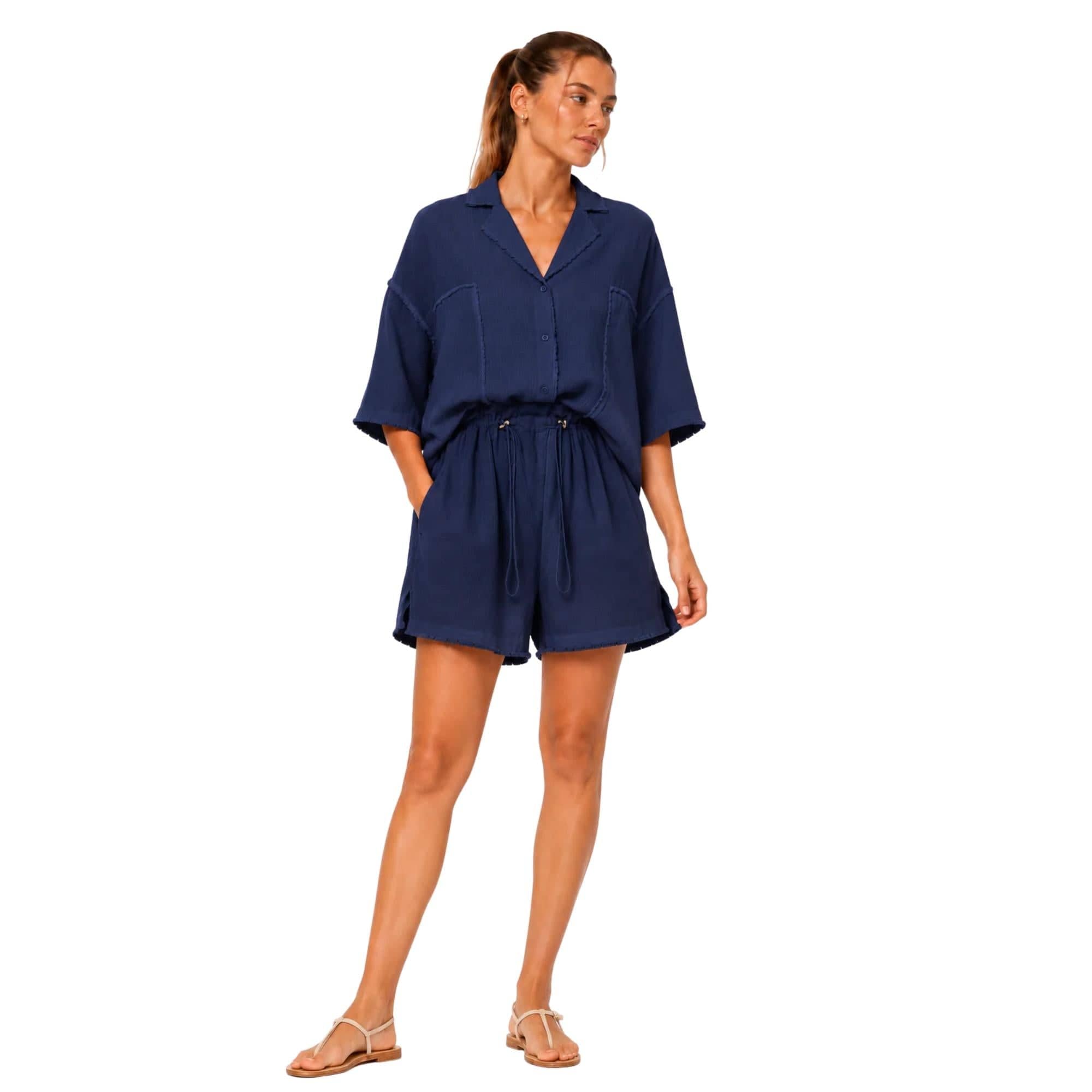 COASTAL RAW EDGE LINEN VISCOSE SET زوج (SHIRT & SHORTS قميص وبنطلون) “JADE"