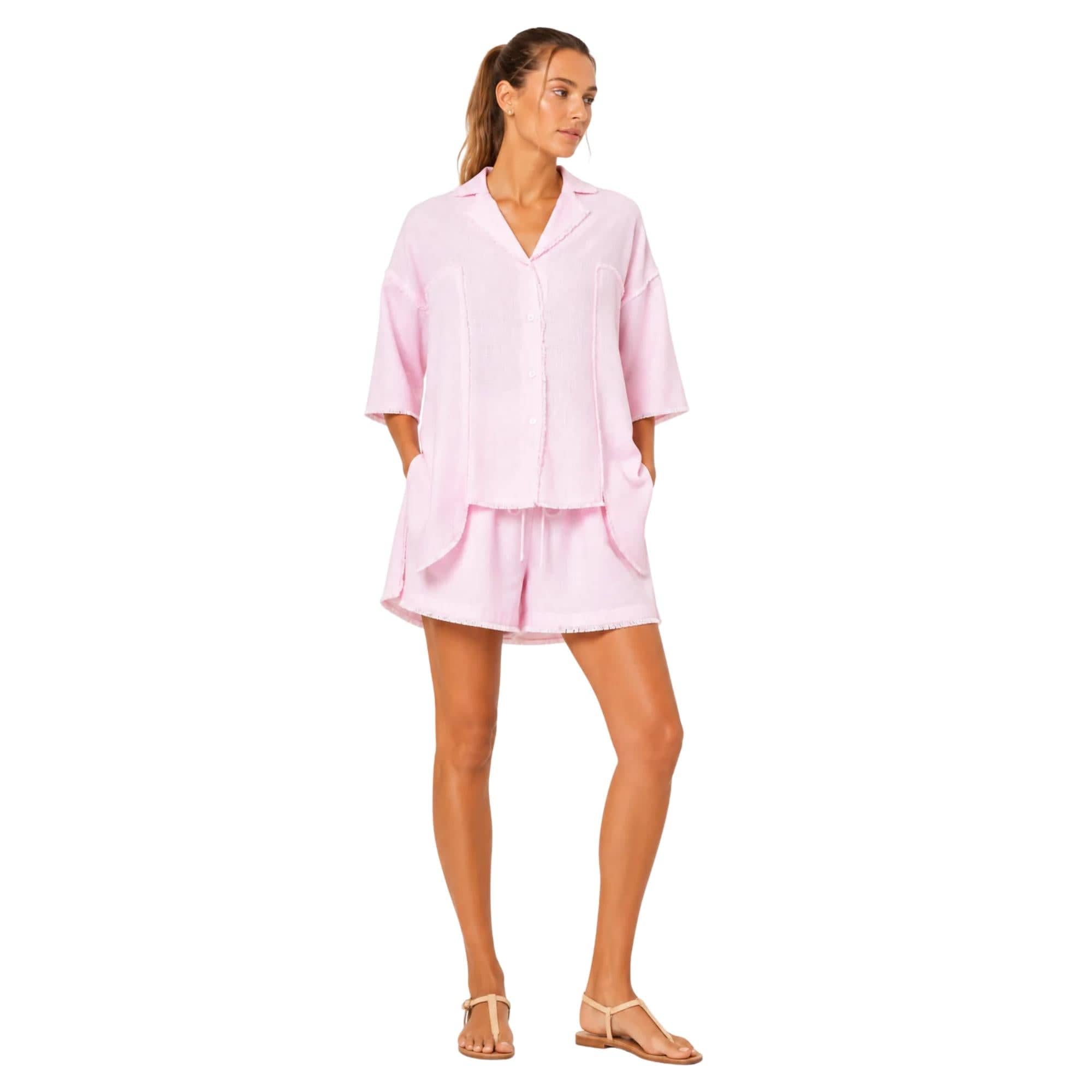 COASTAL RAW EDGE LINEN VISCOSE SET زوج (SHIRT & SHORTS قميص وبنطلون) “JADE"