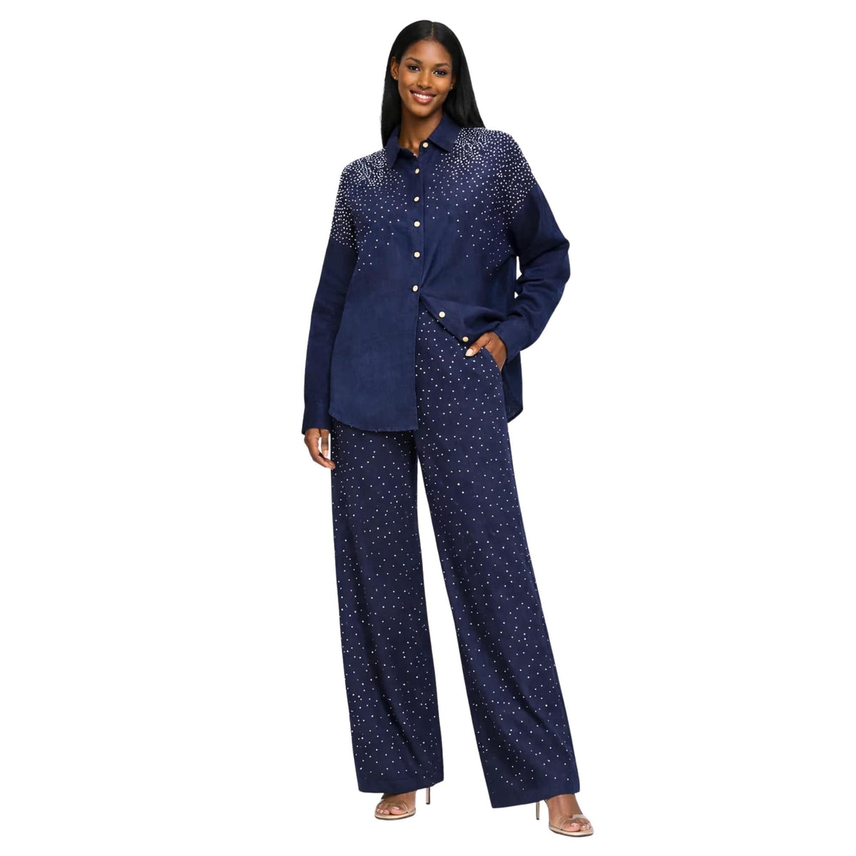 ESSENTIALS5IVE DIAMOND DRIFT EMBELLISHED LINEN CO-ORD SET زوج (SHIRT & PANTS قميص وبنطلون) “NEYA"