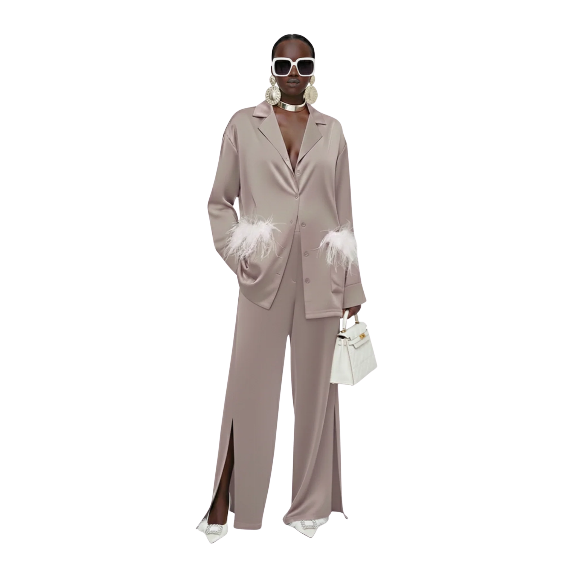 ESSENTIALS5IVE SATIN SET زوج (BLAZER & PANTS قميص وبنطلون) “KAMELIA”