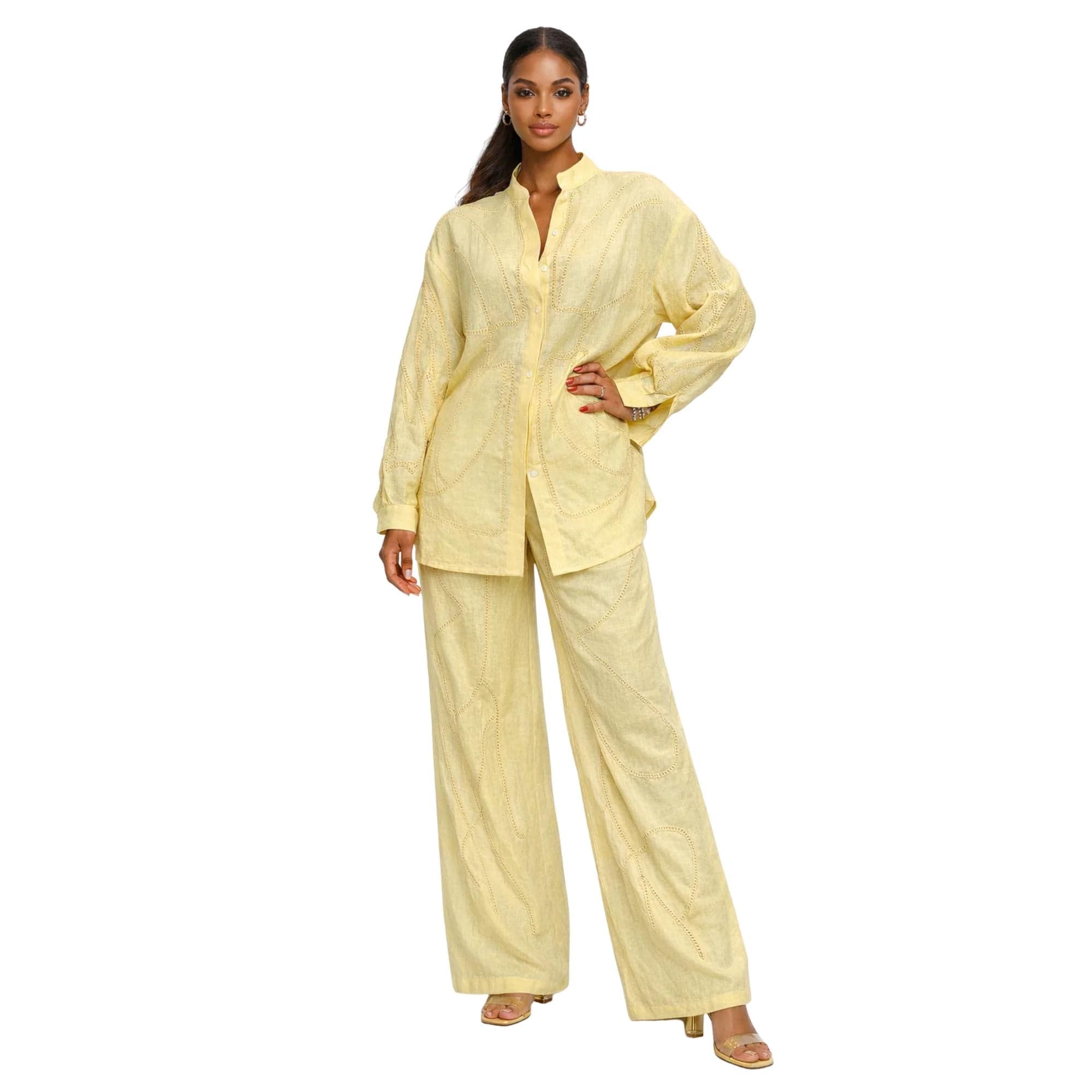 ESSENTIALS5IVE THREAD FLOW LINEN CO-ORD SET زوج (SHIRT & PANTS قميص وبنطلون) “THEA"