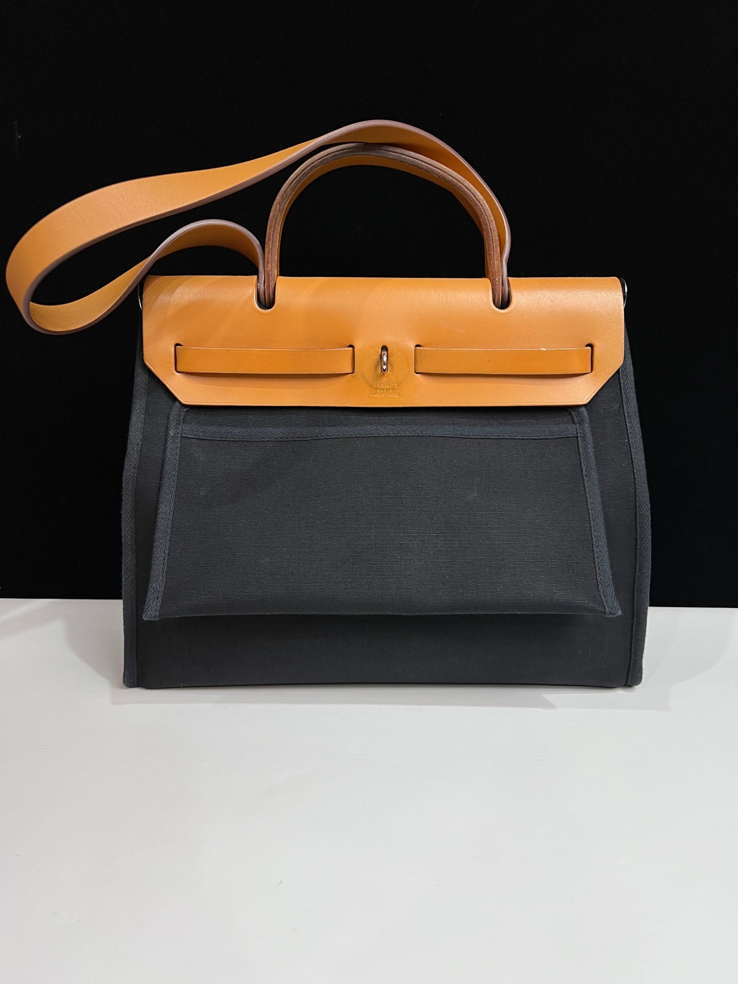 Hermès Herbag 31 Black Canvas Tan Leather Palladium Hardware G Stamp