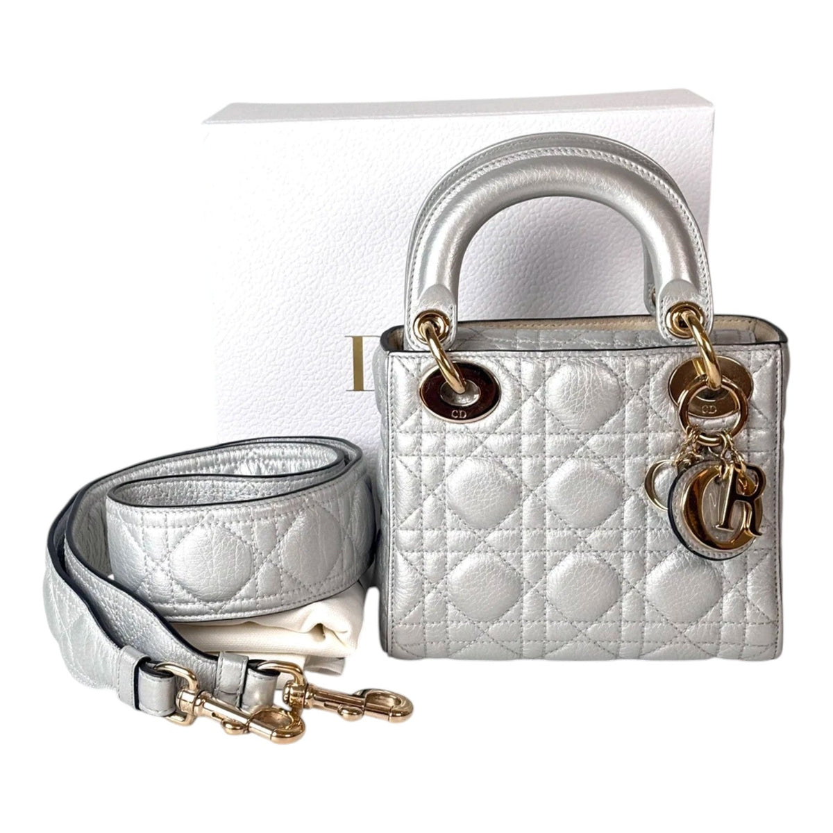 Dior Lady Dior Mini Silver Bag - Full Set