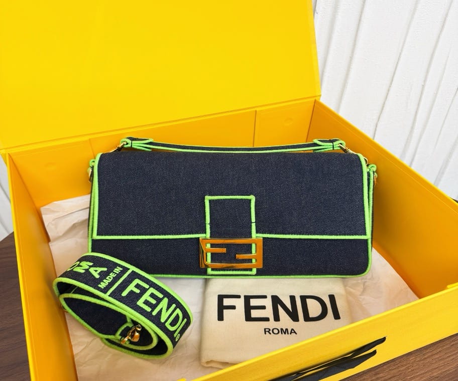 Fendi Fendi Denim Bagel with Fluorescent Green Trim 33 18494029